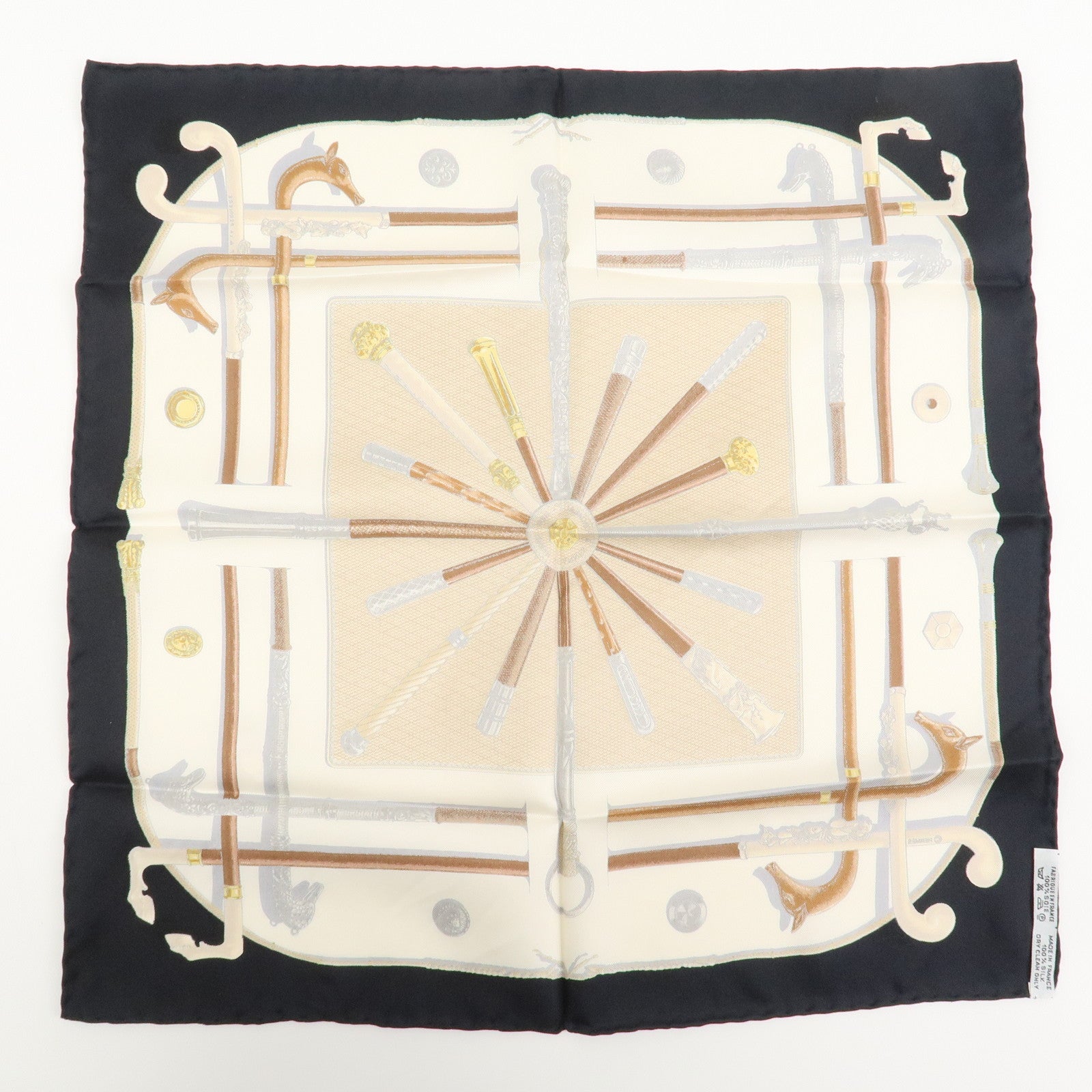 HERMES Carre 45 Silk 100% Scarf Cannes et Pommeaux Black White