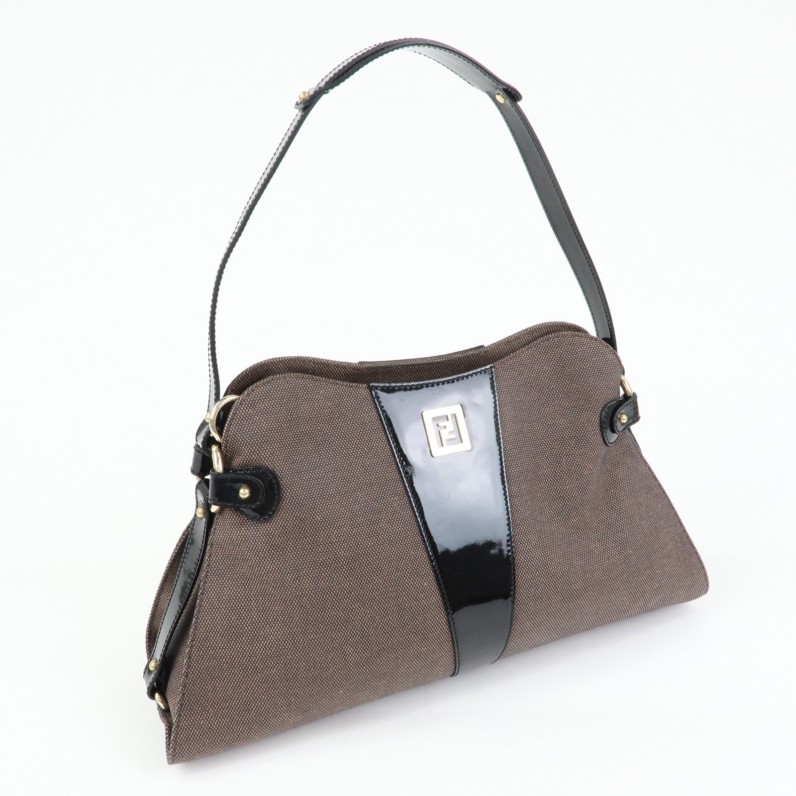 FENDI Canvas Patent Leather Shoulder Hand Bag Brown Black 8BR421