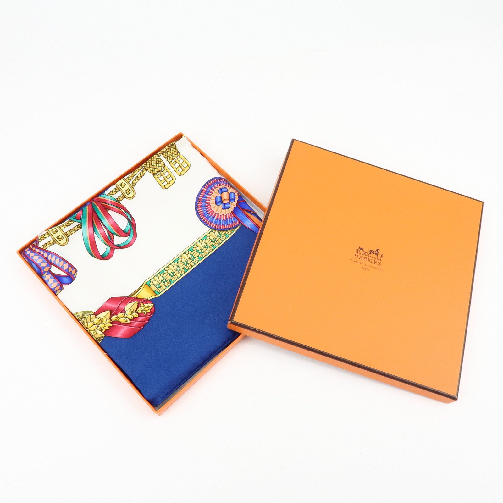 HERMES Carre 90 Silk 100% Scarf LES RUBANS DU CHEVAL Navy Gold