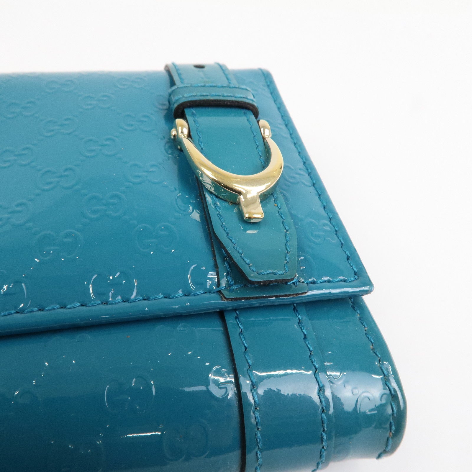 GUCCI Patent Leather Flap Long Wallet Blue Green 309760