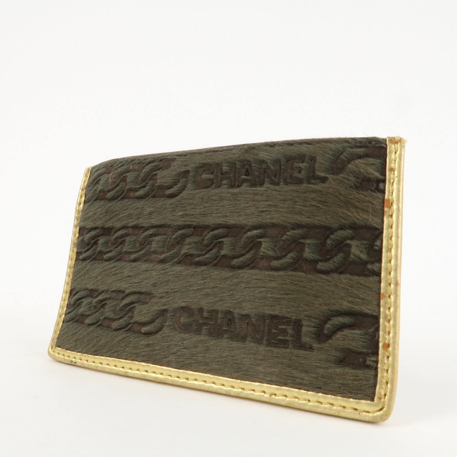 CHANEL Leather Unborn Calf Coin Case Gold Khaki Used