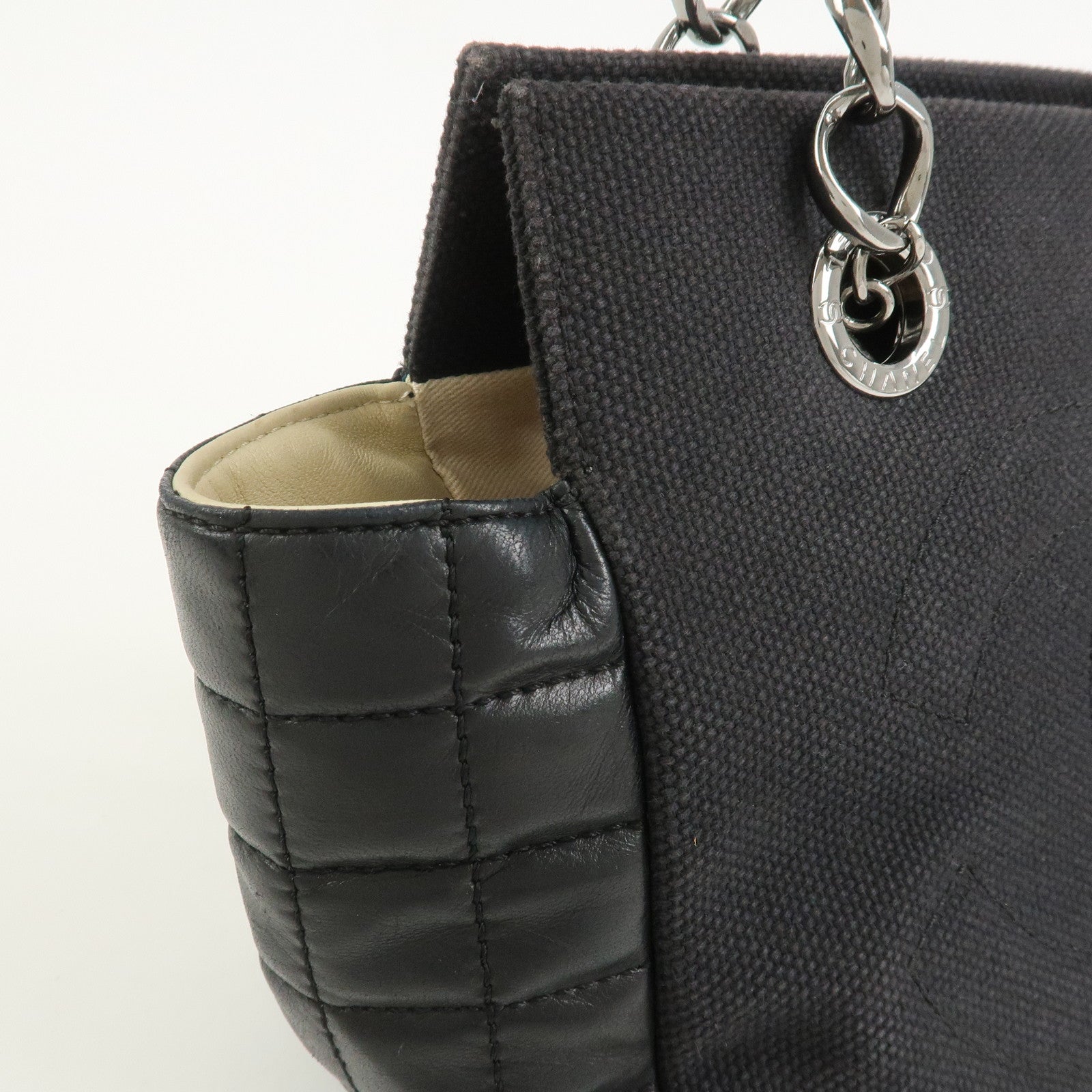 CHANEL Chocolate Bar Lamb Skin Canvas Shoulder Bag Hand Bag Black