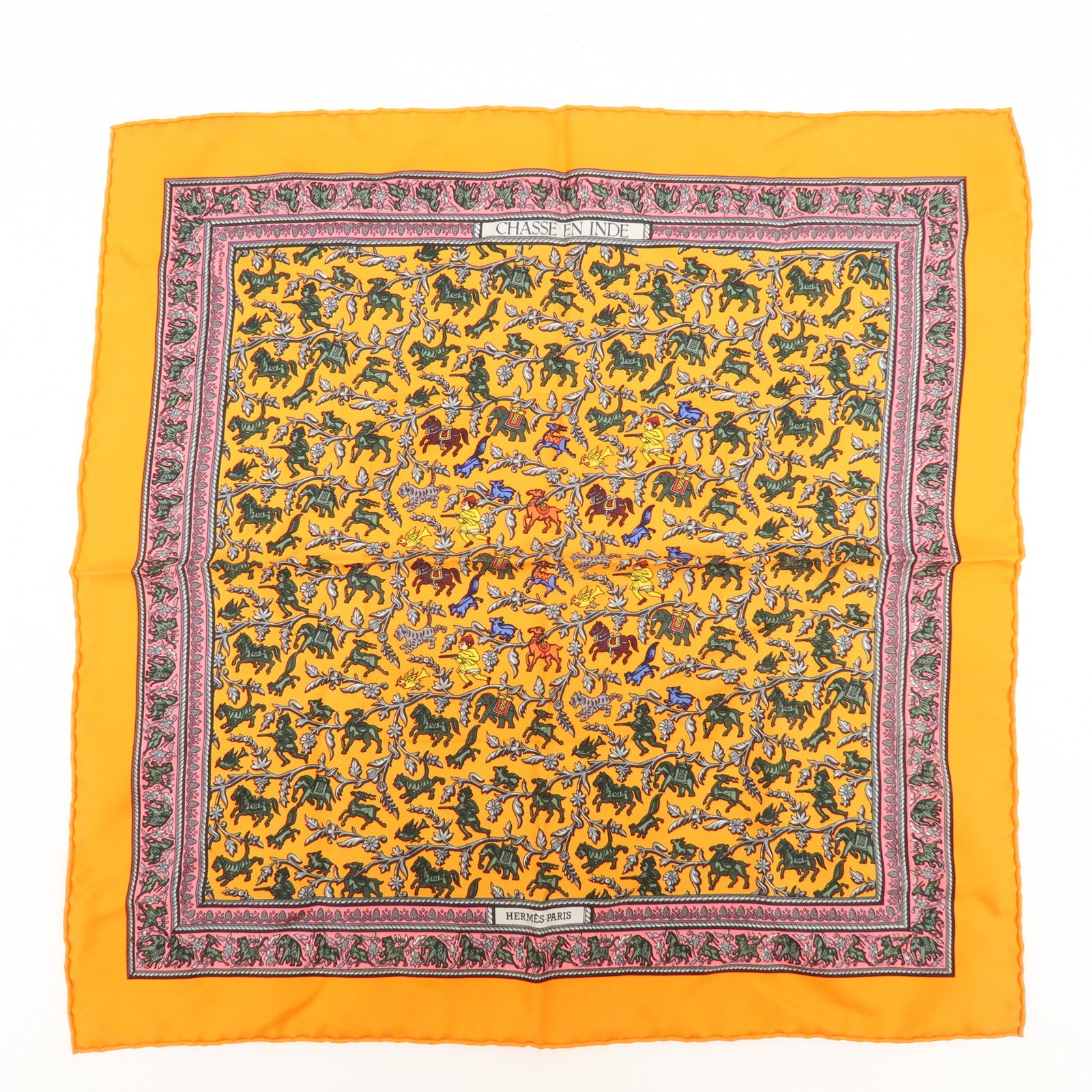 HERMES Carre 42 Set of 2 Silk 100% Scarf Orange Gold Navy