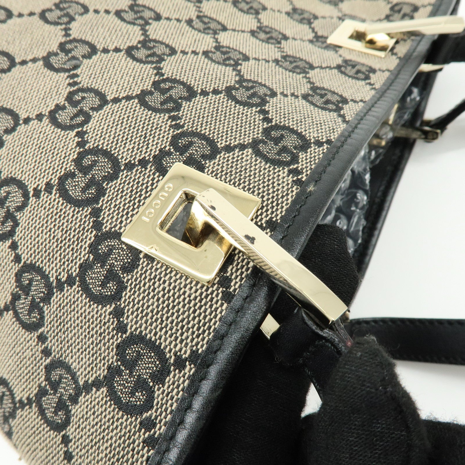 GUCCI GG Canvas Leather Tote Bag Hand Bag Beige Black 0021099