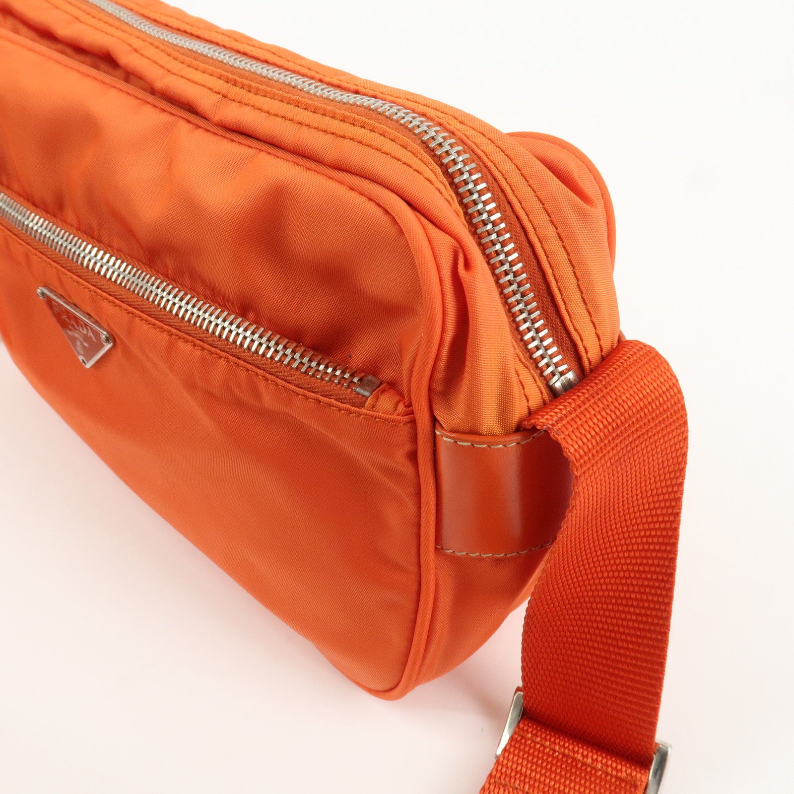 PRADA Triangle Logo Leather Nylon Shoulder Bag Orange Used