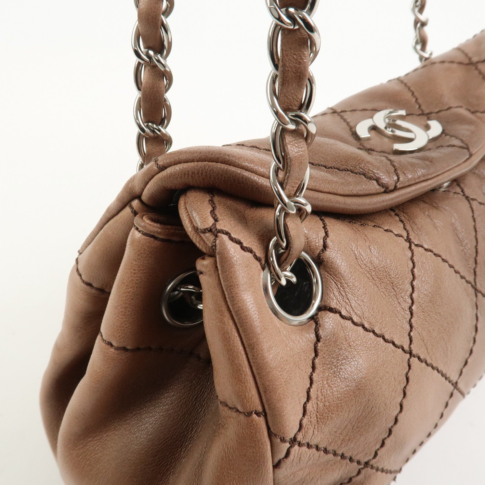 CHANEL Wild Stitch COCO Mark Lamb Skin Shoulder Bag Pink Beige