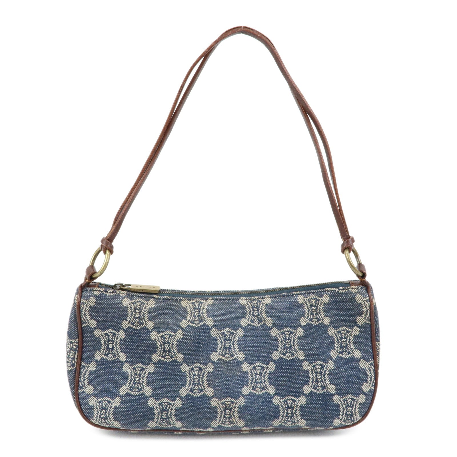 CELINE Macadam Denim Leather Shoulder Hand Bag Indigo Blue Brown