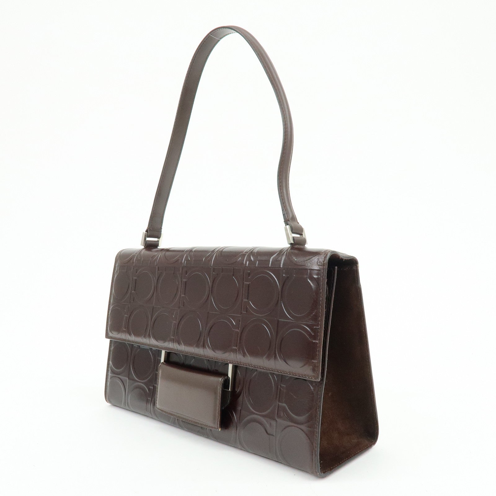 Ferragamo Gancini Leather Shoulder Bag Hand Bag Dark Brown