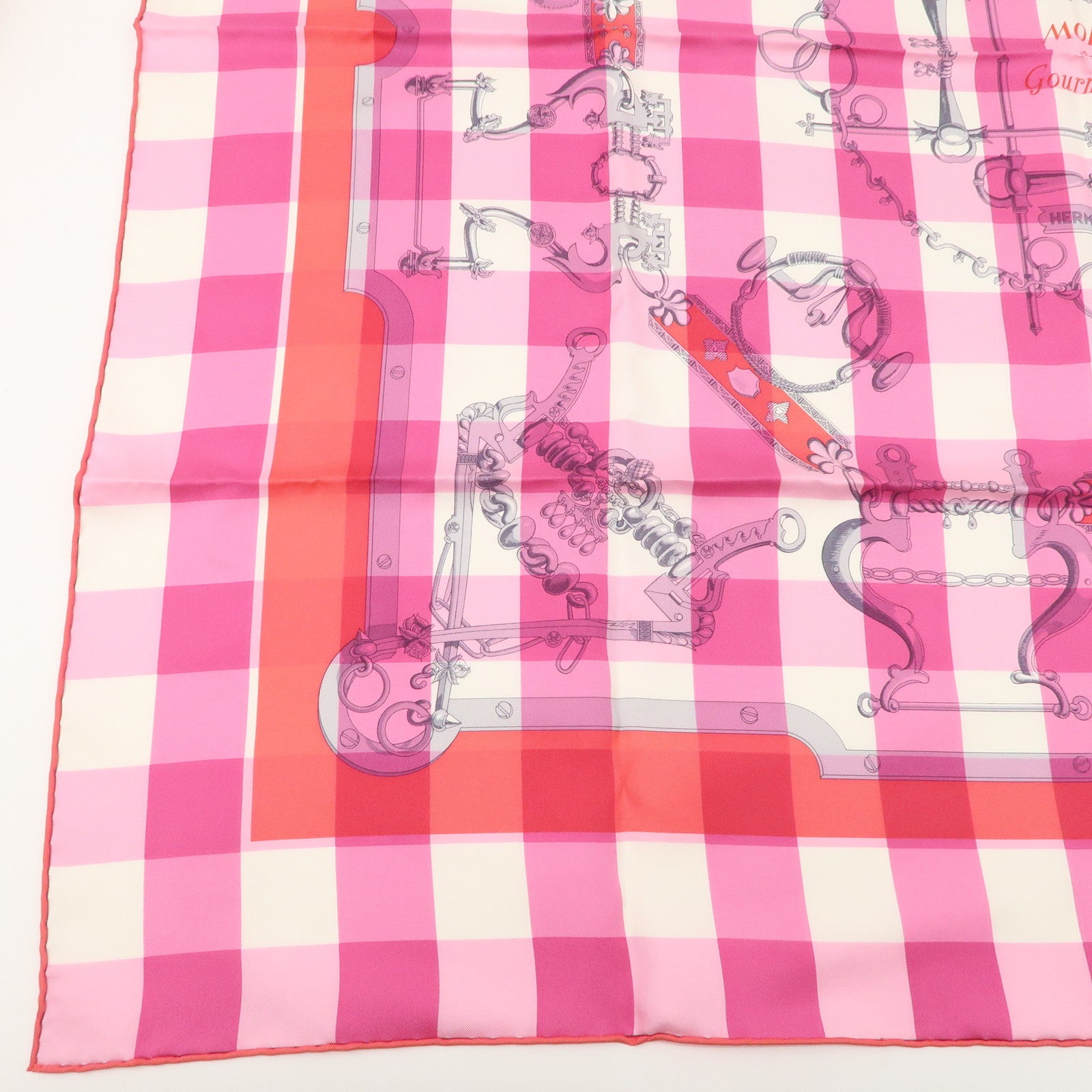 HERMES Carre 90 Silk 100% Scarf MORS et Gourmettes Pink Used