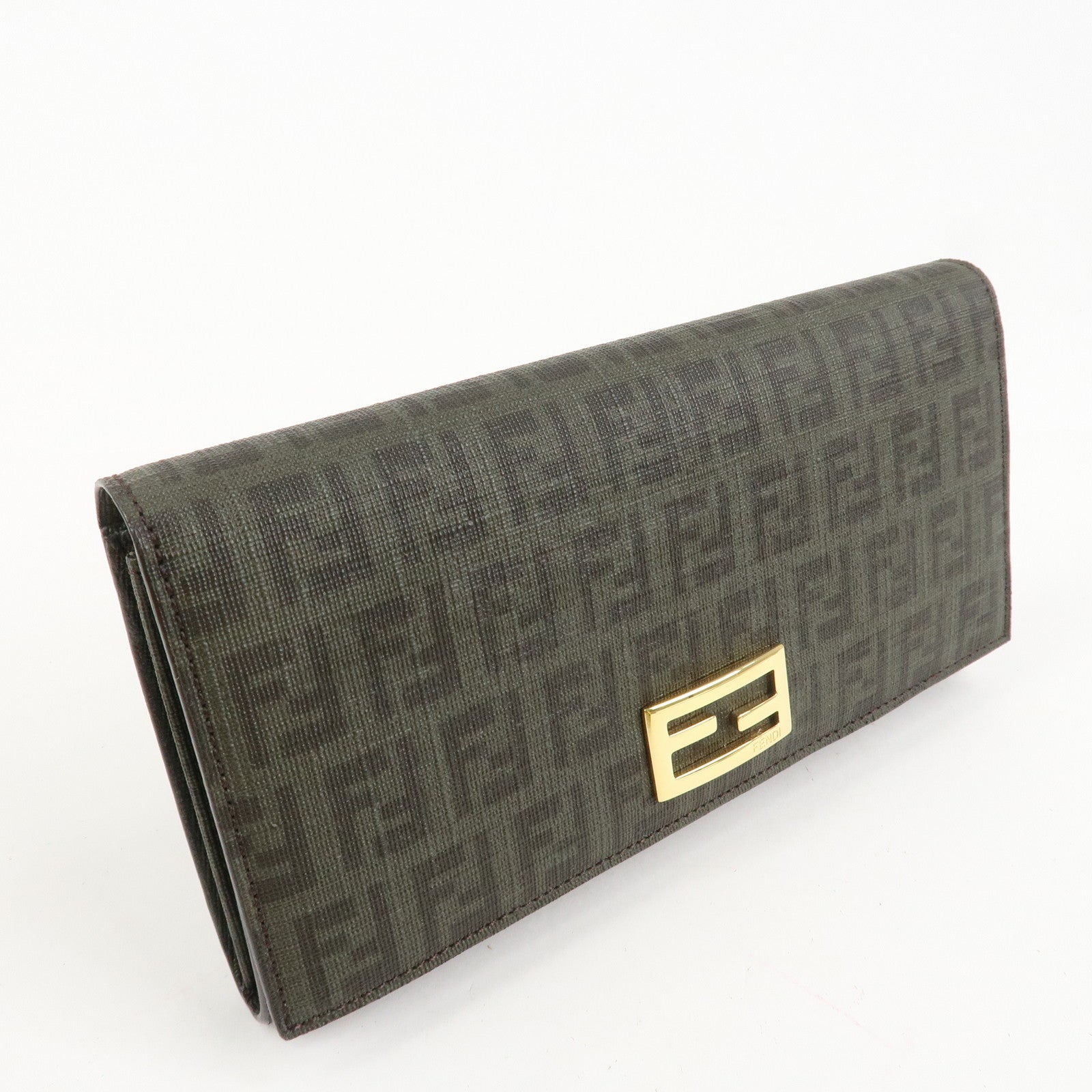 FENDI Zucchino PVC Flap Bi-Fold Long Wallet Black Moss Green 8M0235 Used