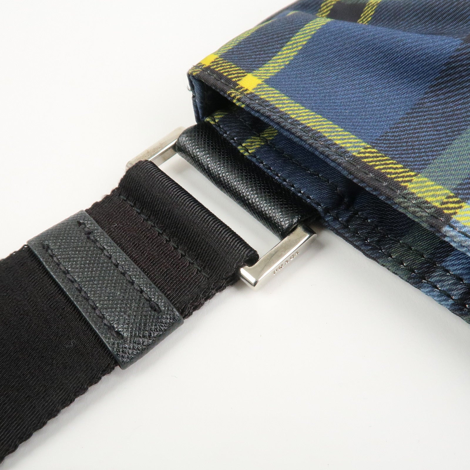PRADA Triangle Logo Nylon Plaid Shoulder Bag Navy Multicolor VA053M Used