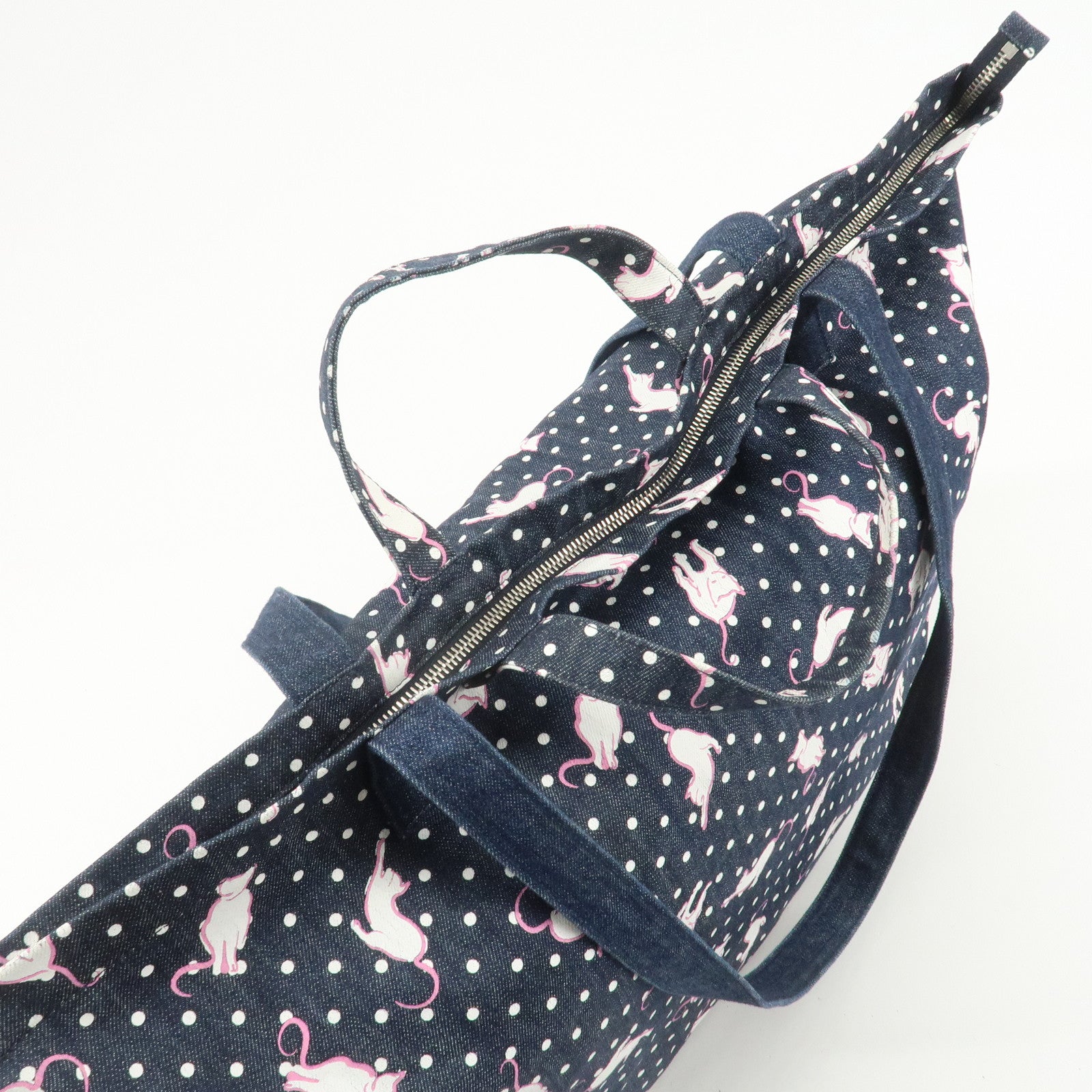 MIU MIU Cats & Dots Print Denim 2Way Tote Bag Blue