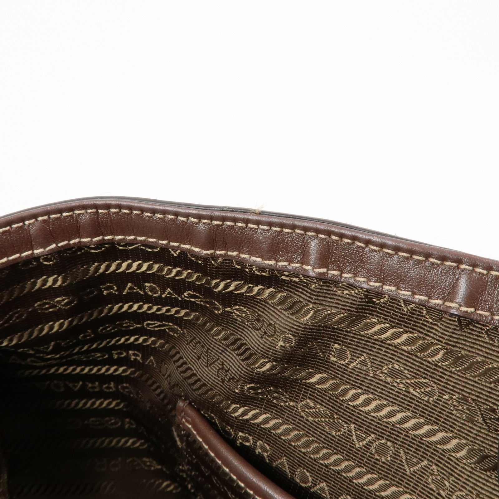 PRADA Triangle Logo Jacquard Leather Tote Bag Beige Brown 1BG158