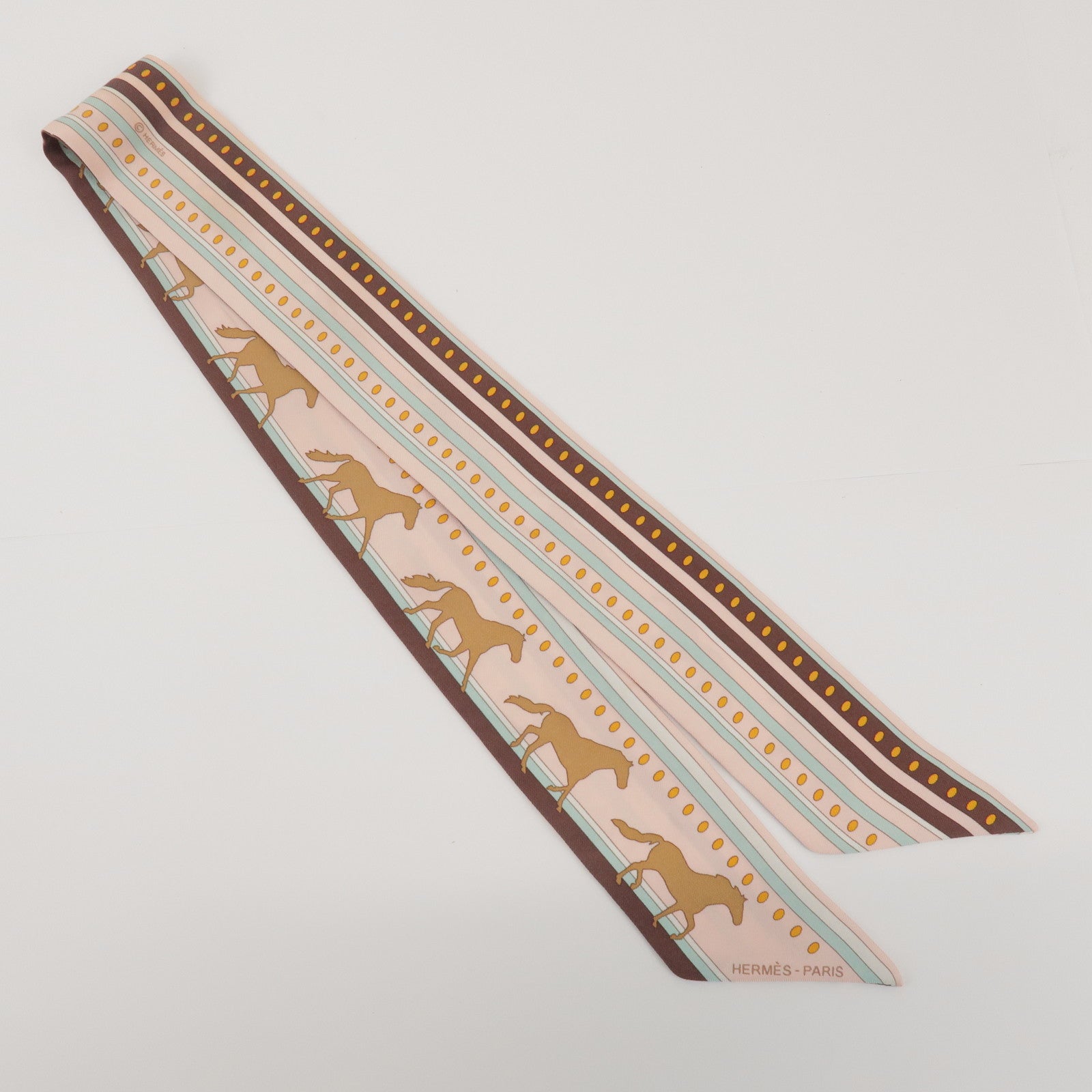 HERMES Twilly 100% Silk Scarf Sequence Pink Brown
