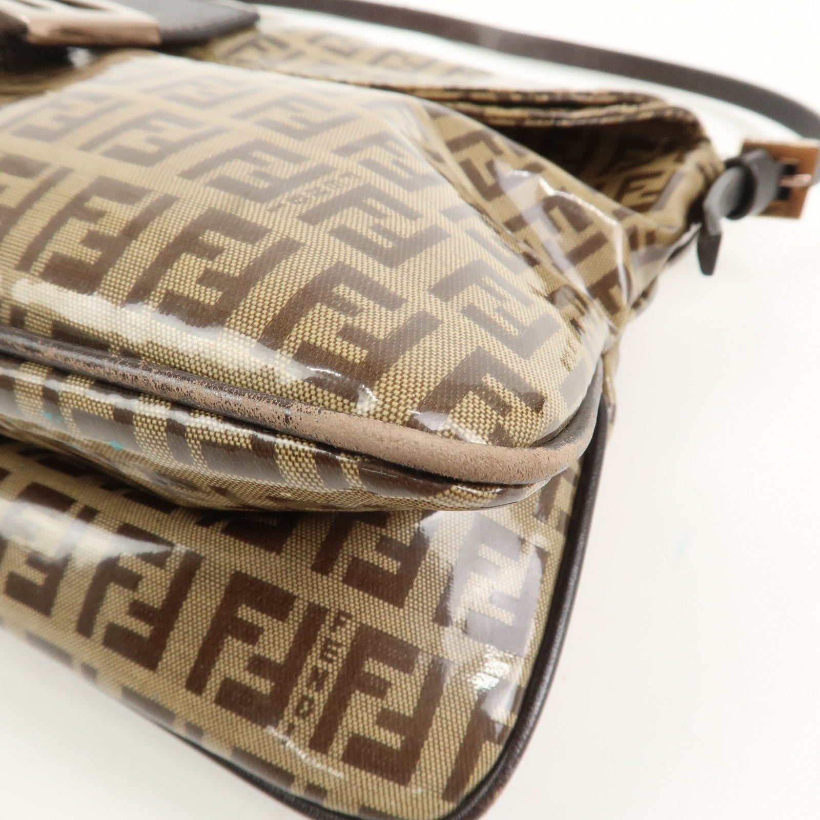 FENDI Zucchino PVC Canvas Leather Shoulder Bag Brown 8BR002