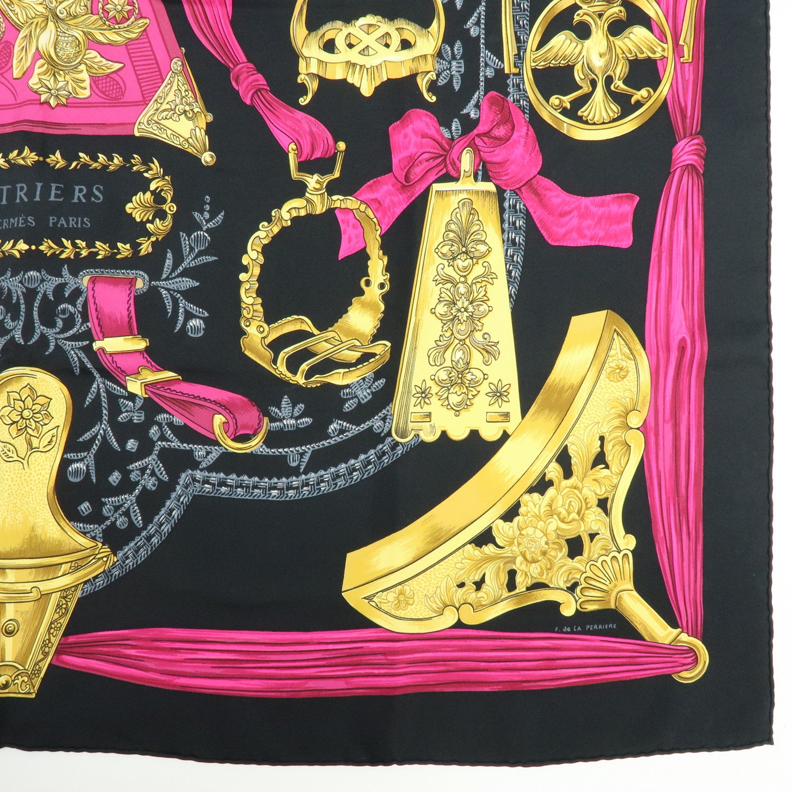 HERMES Carre 90 Silk 100% Scarf ETRIERS Stirrup Print Black Pink