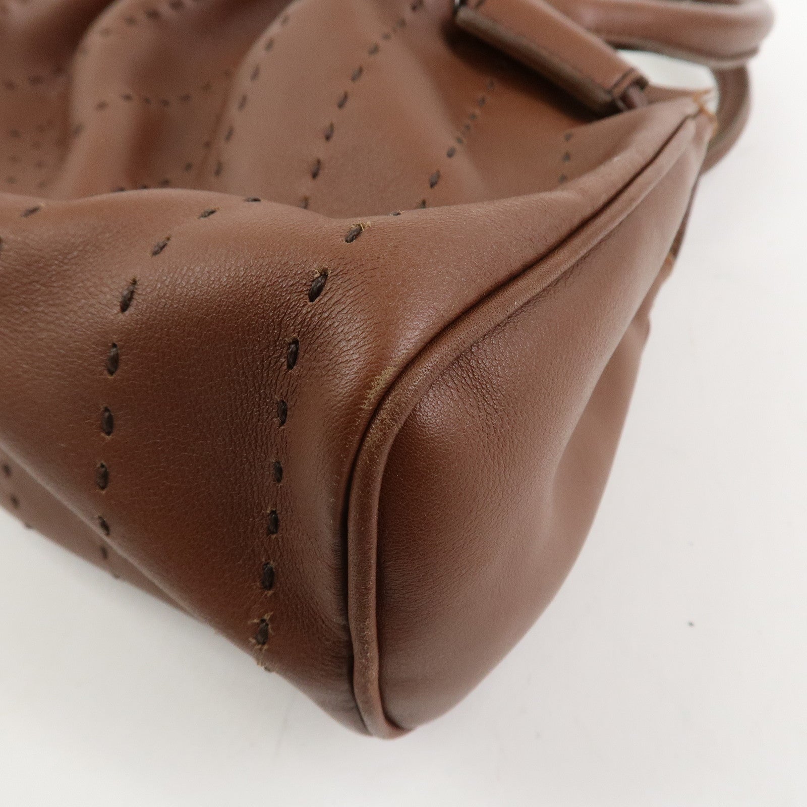 Ferragamo Gancini Leather Stitch Shoulder Bag Hand Bag Brown