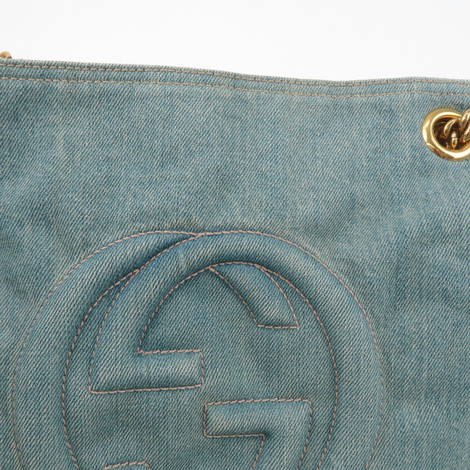 GUCCI SOHO Denim Leather Chain Shoulder Bag Fringe Charm Blue 308982 Used