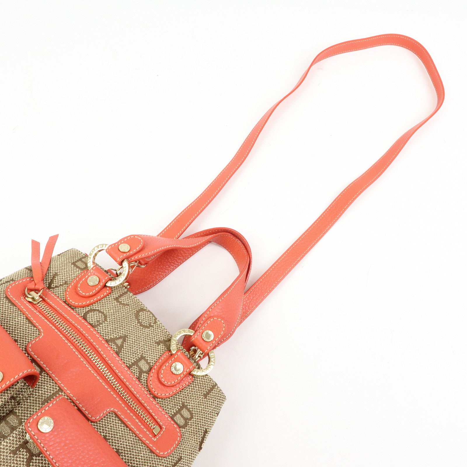 BVLGARI Logomania Canvas Leather 2Way Hand Shoulder Bag Brown Coral