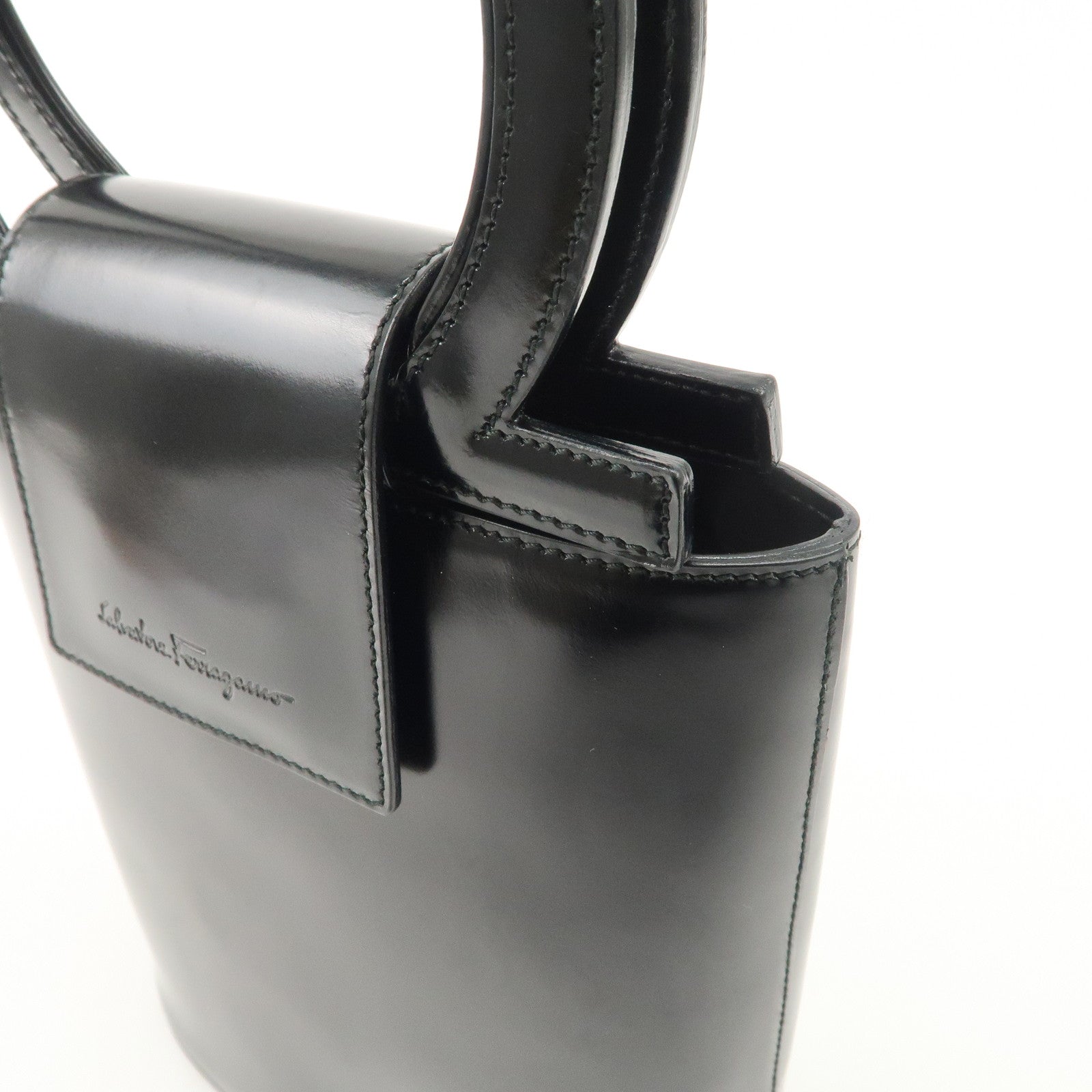 Ferragamo Gancini Leather Hand Bag Black Gold Hardware Used