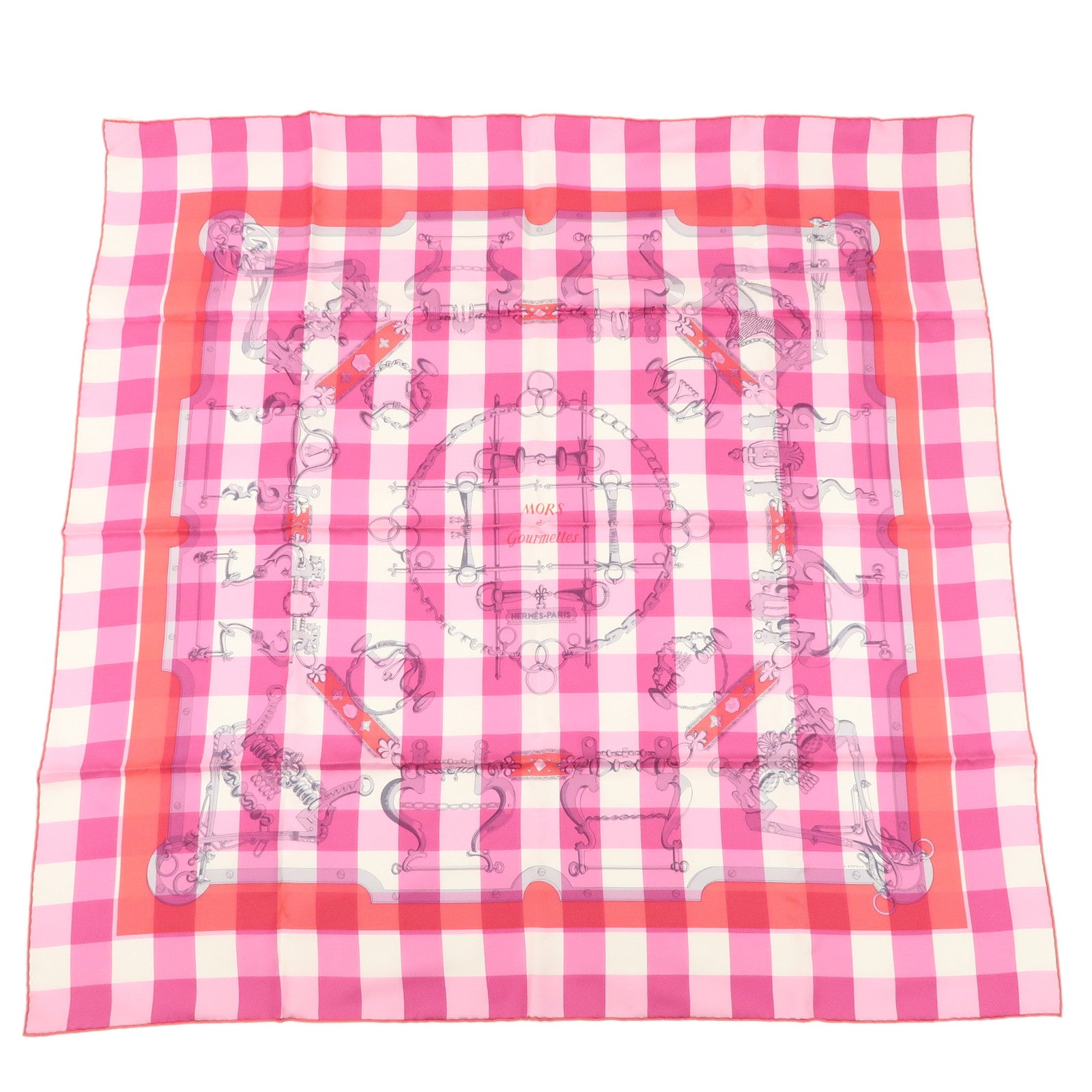 HERMES Carre 90 Silk 100% Scarf MORS et Gourmettes Pink Used