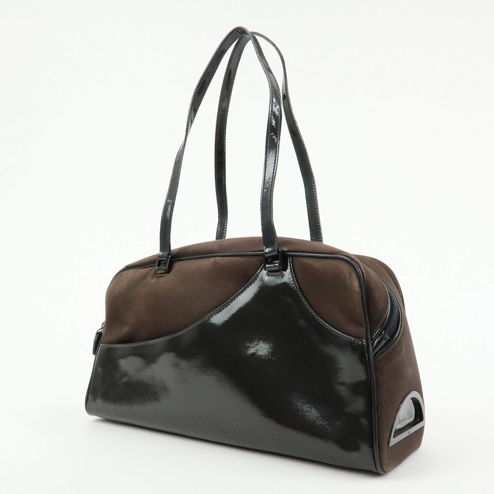 Christian Dior Canvas Patent Leather Boston Bag Hand Bag Brown