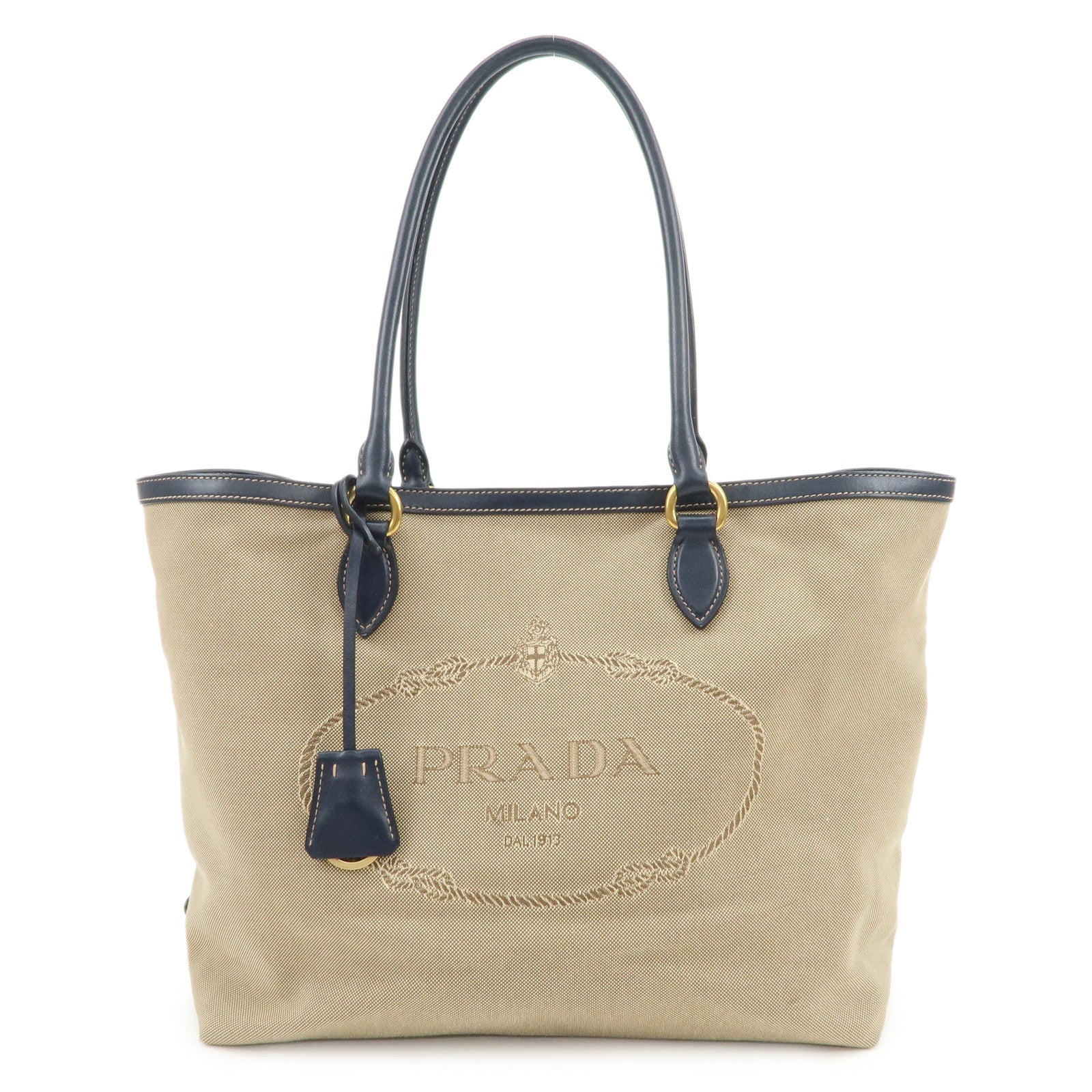 PRADA Logo Jacquard Leather Tote Bag Shoulder Bag Beige 1BG158