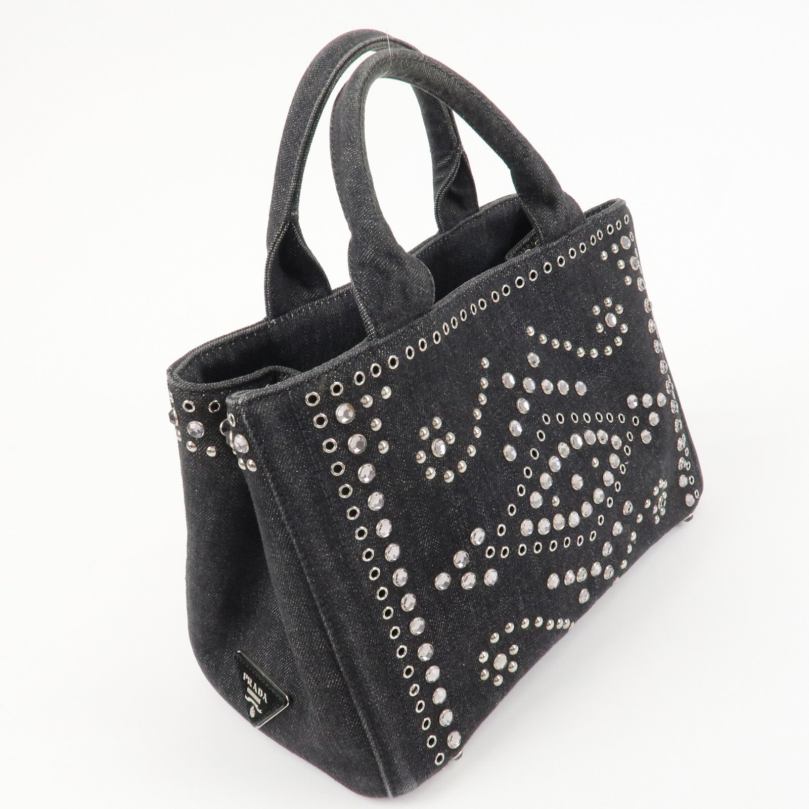 PRADA Canapa Mini Canvas Studs 2Way Shoulder Bag Hand Bag Black B2439G Used