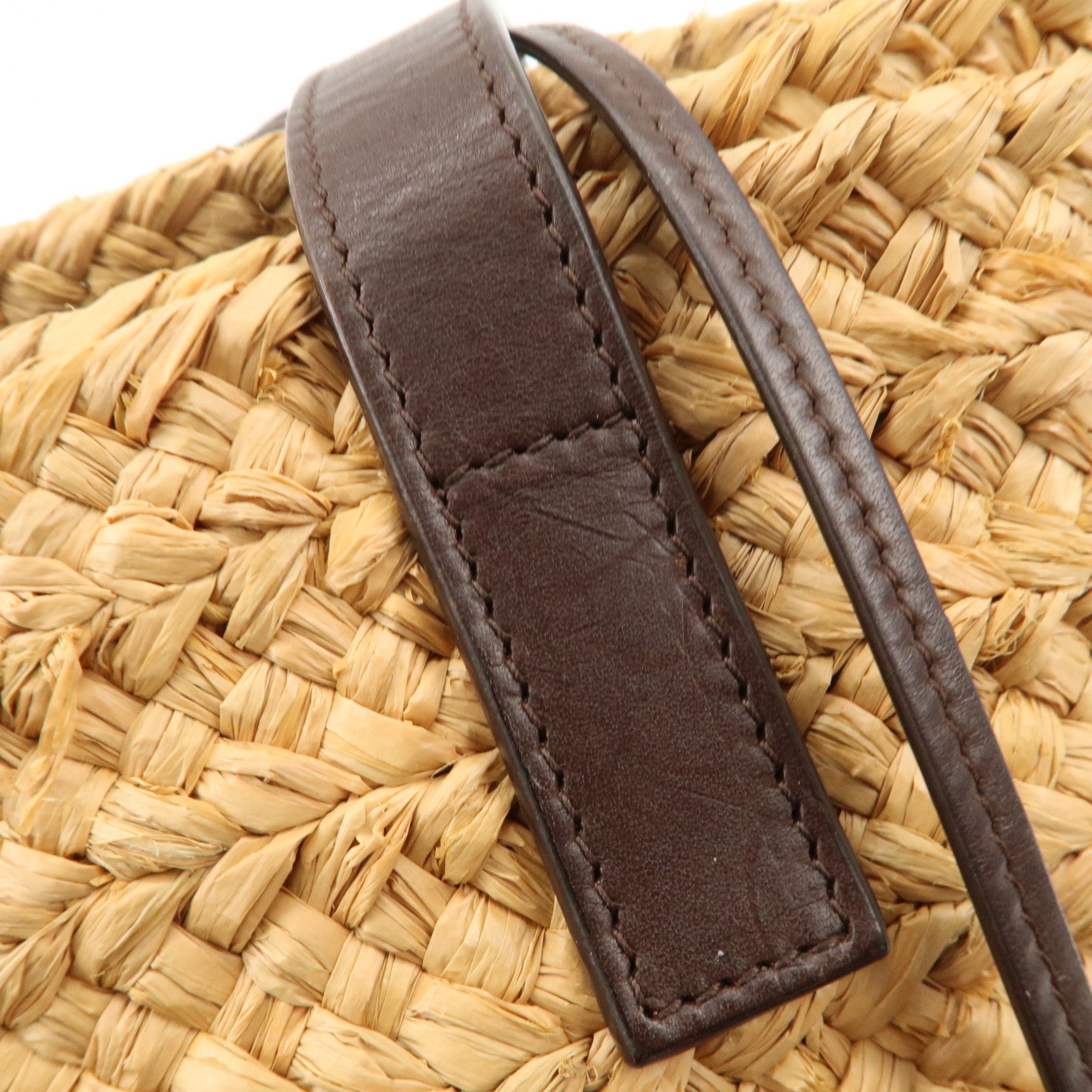 SAINT LAURENT Leather Raffia Tote Bag Shoulder Bag Beige Dark Brown Used