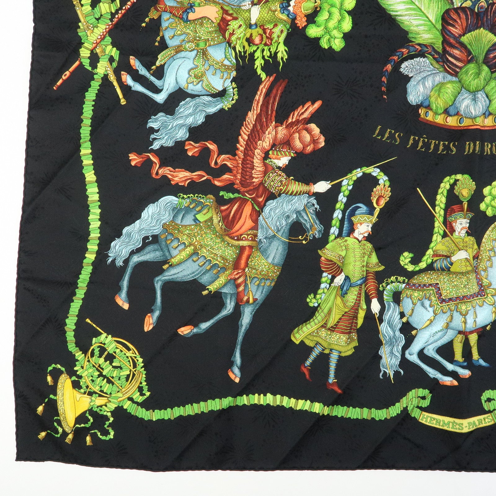 HERMES Carre 90 Silk 100% Scarf LES FETES DU ROI SOLEIL Black