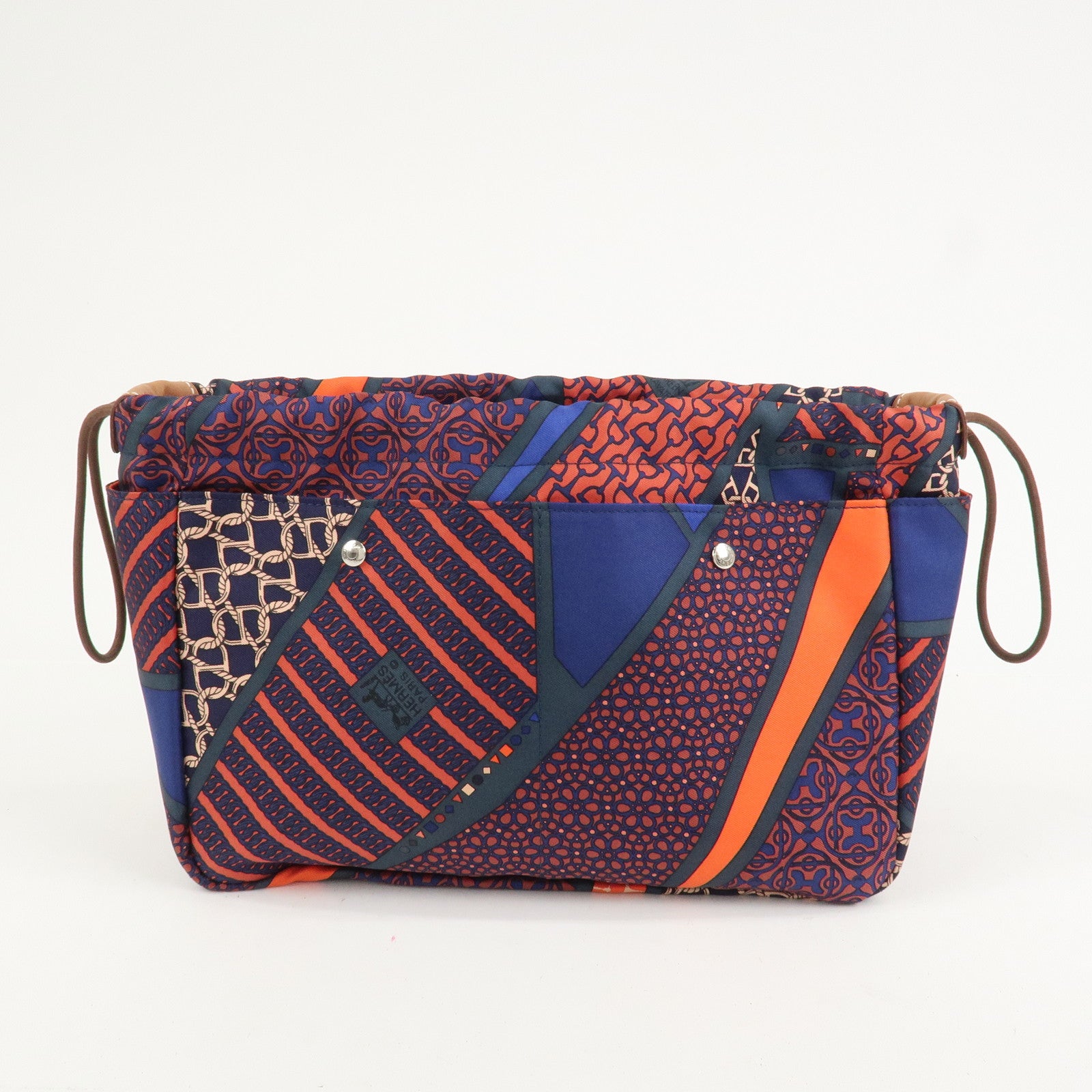 HERMES Fourbi 25 Silk Leather Drawstring Hand Bag Pouch Orange Navy