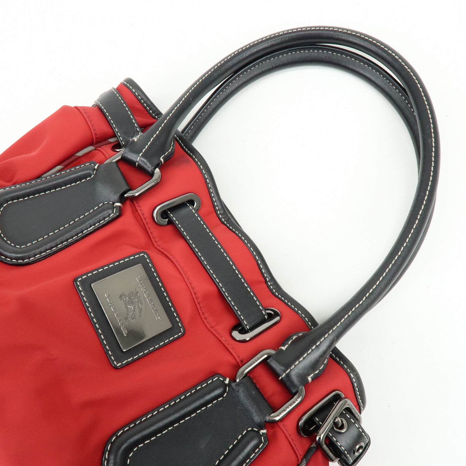 BURBERRY Blue Label Nova Plaid Nylon Leather Tote Bag Red Black