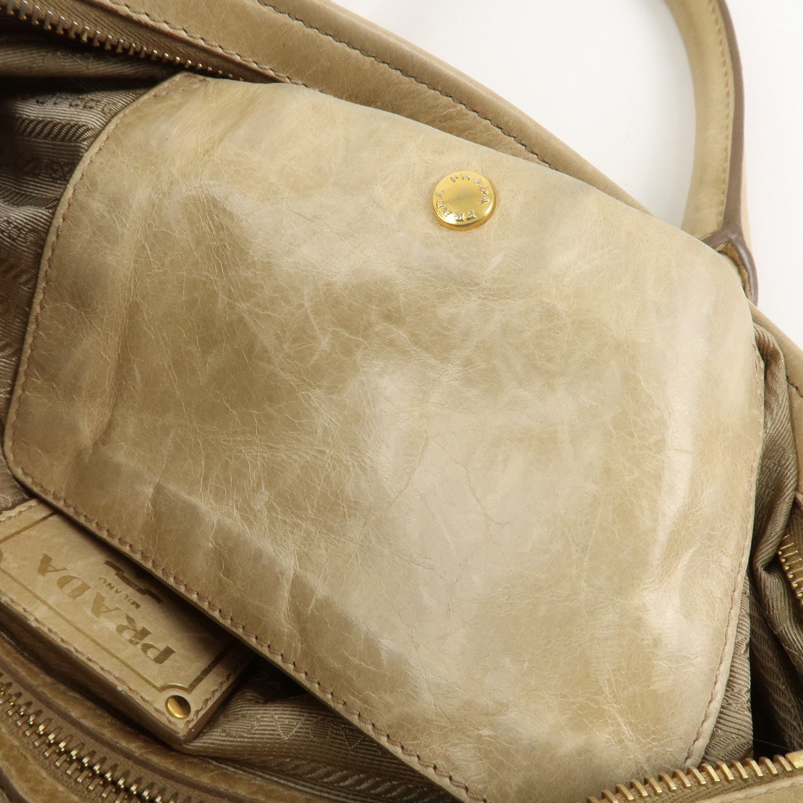 PRADA Triangle Logo VITELLOSHINE Leather 2Way Bag Beige BN1921