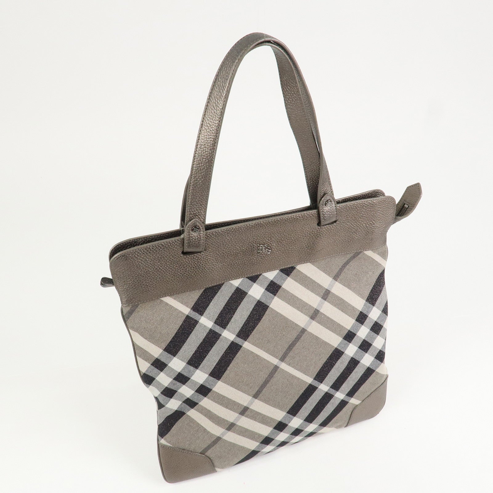BURBERRY Logo Canvas Leather Tote Bag Shoulder Bag Gray Silver
