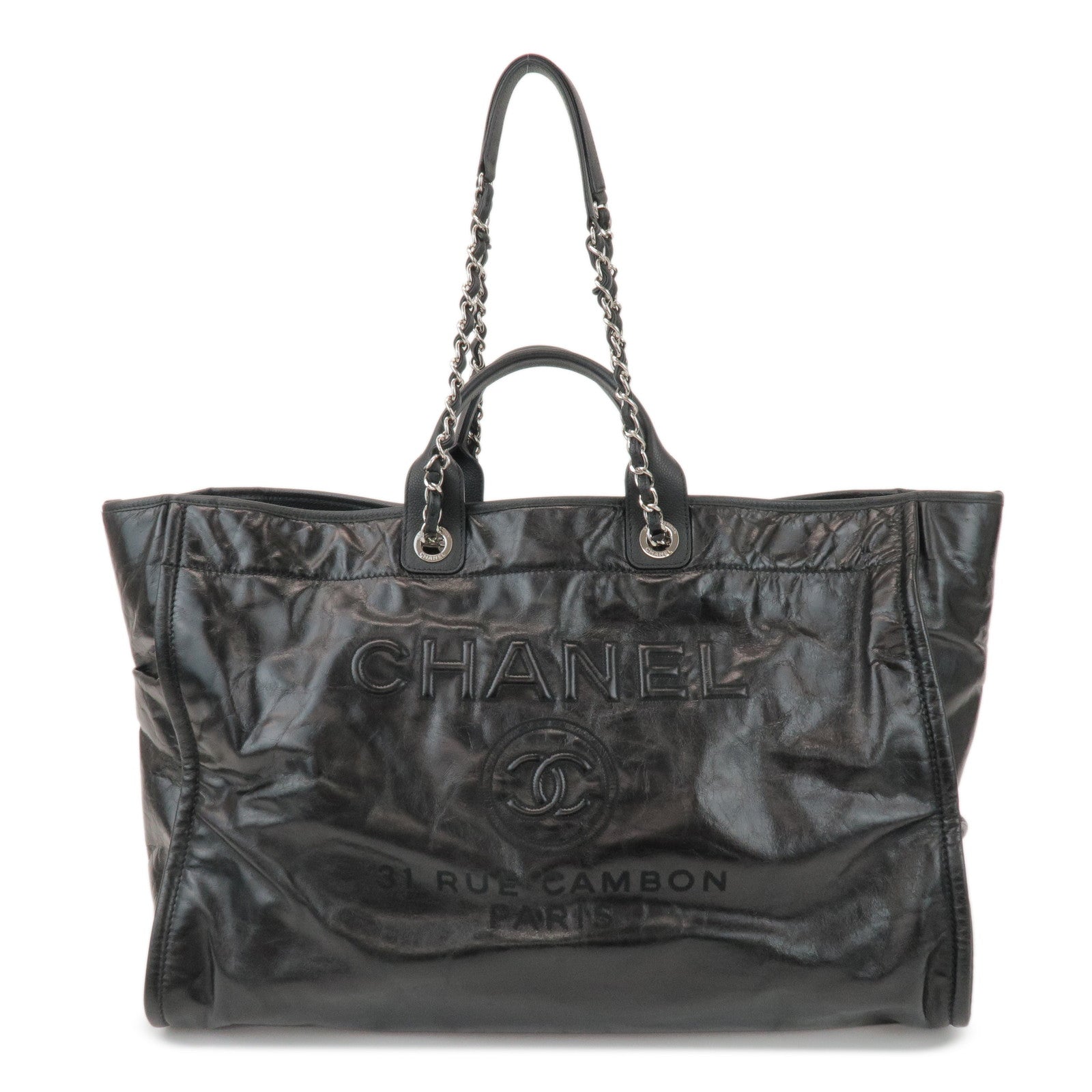 CHANEL Deauville Large Leather Tote Bag Shoulder Bag Black