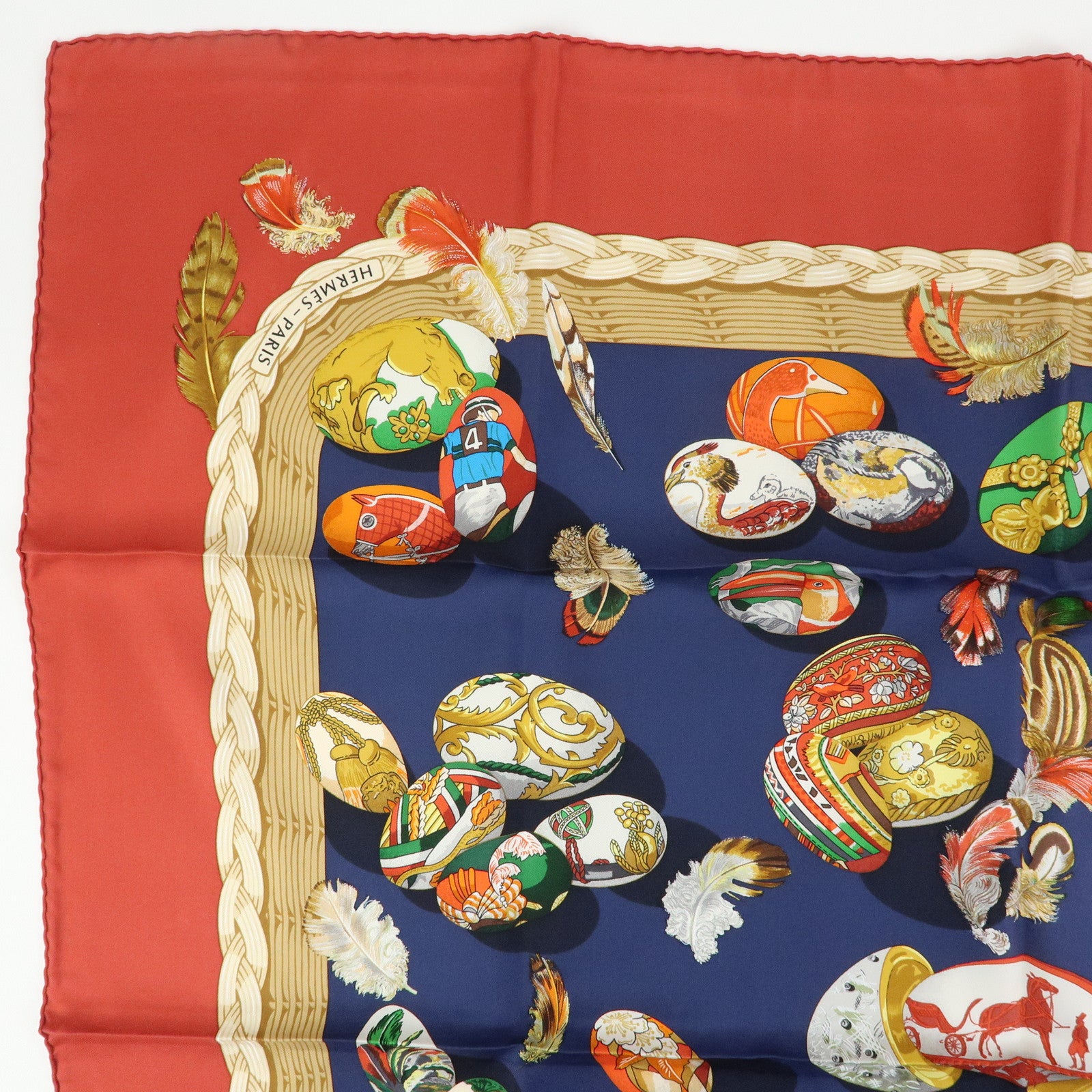 HERMES Carre 90 Silk 100% Scarf COUVEE D HERMES Egg Print Navy Red