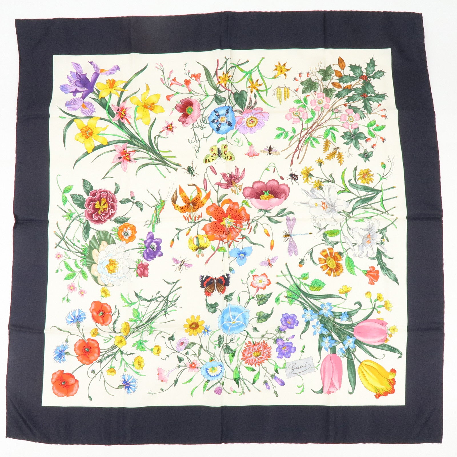 GUCCI Flora Set of 2 Silk 100% Navy White Yellow Multicolor