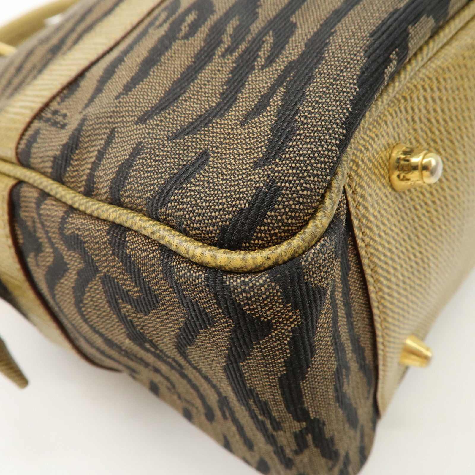 FENDI Leather Canvas 2Way Bag Hand Bag Zebra Print Black Brown Used