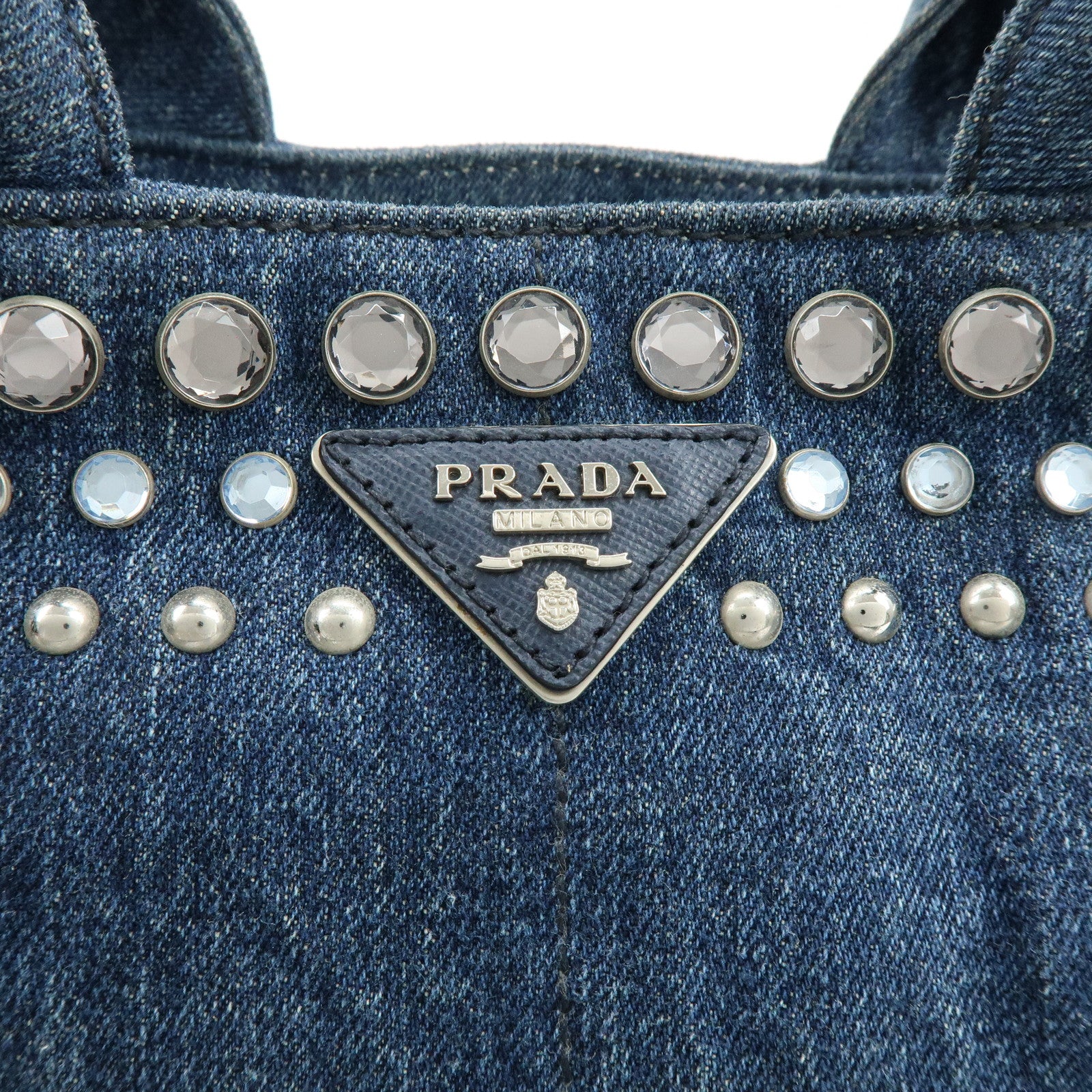 PRADA Canapa Mini Triangle Logo Denim 2Way Tote Shoulder Bag B2439O