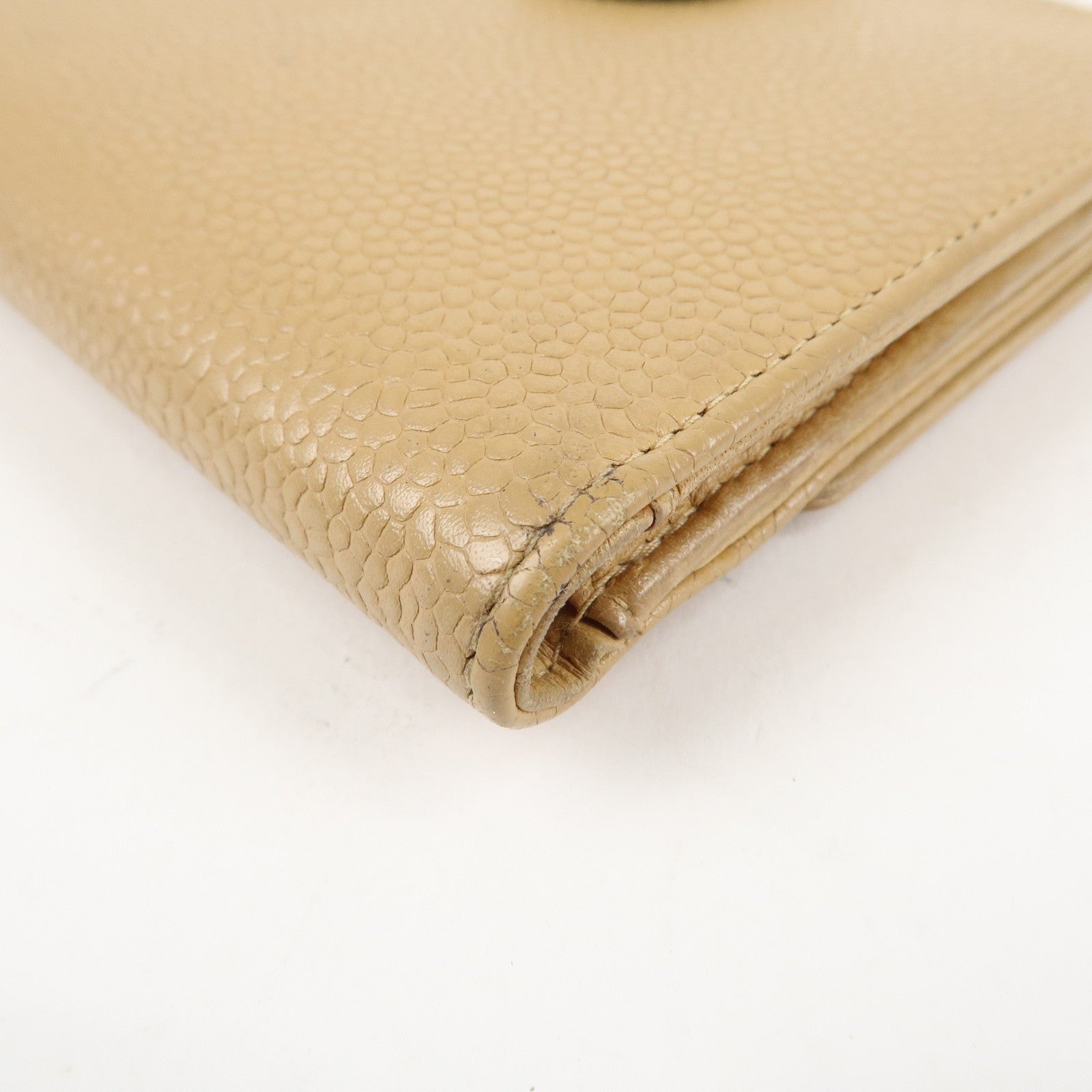 CHANEL COCO Mark Caviarskin W Hook Bi-fold Wallet Beige Used
