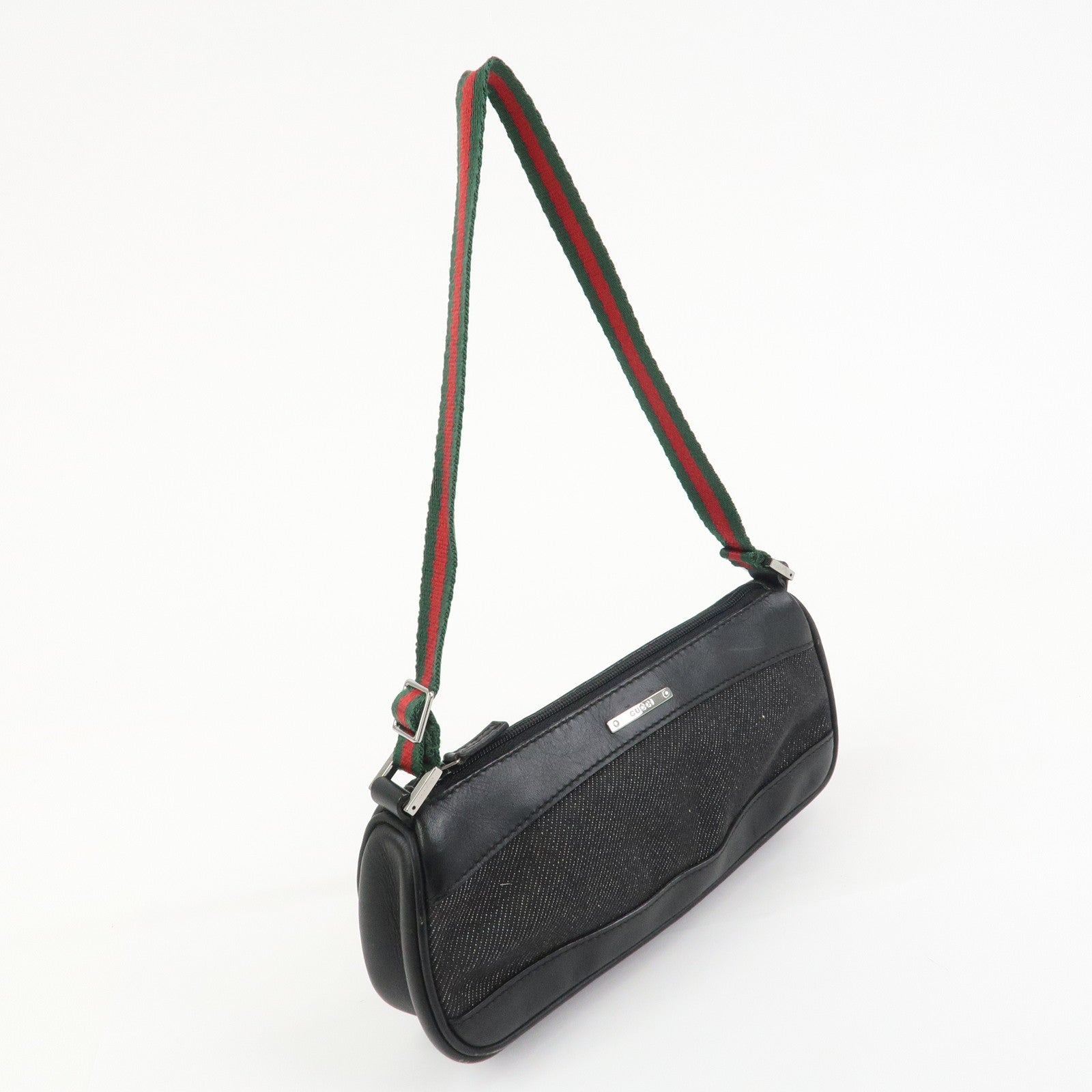 GUCCI Sherry Denim Leather Accessory Pouch Hand Bag Black 92820