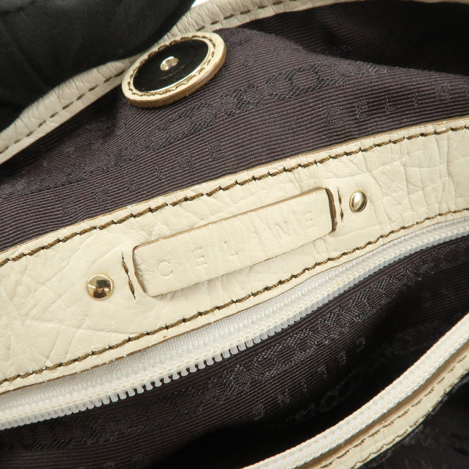 CELINE Logo Canvas Leather Tote Bag Shoulder Bag Brown Ivory