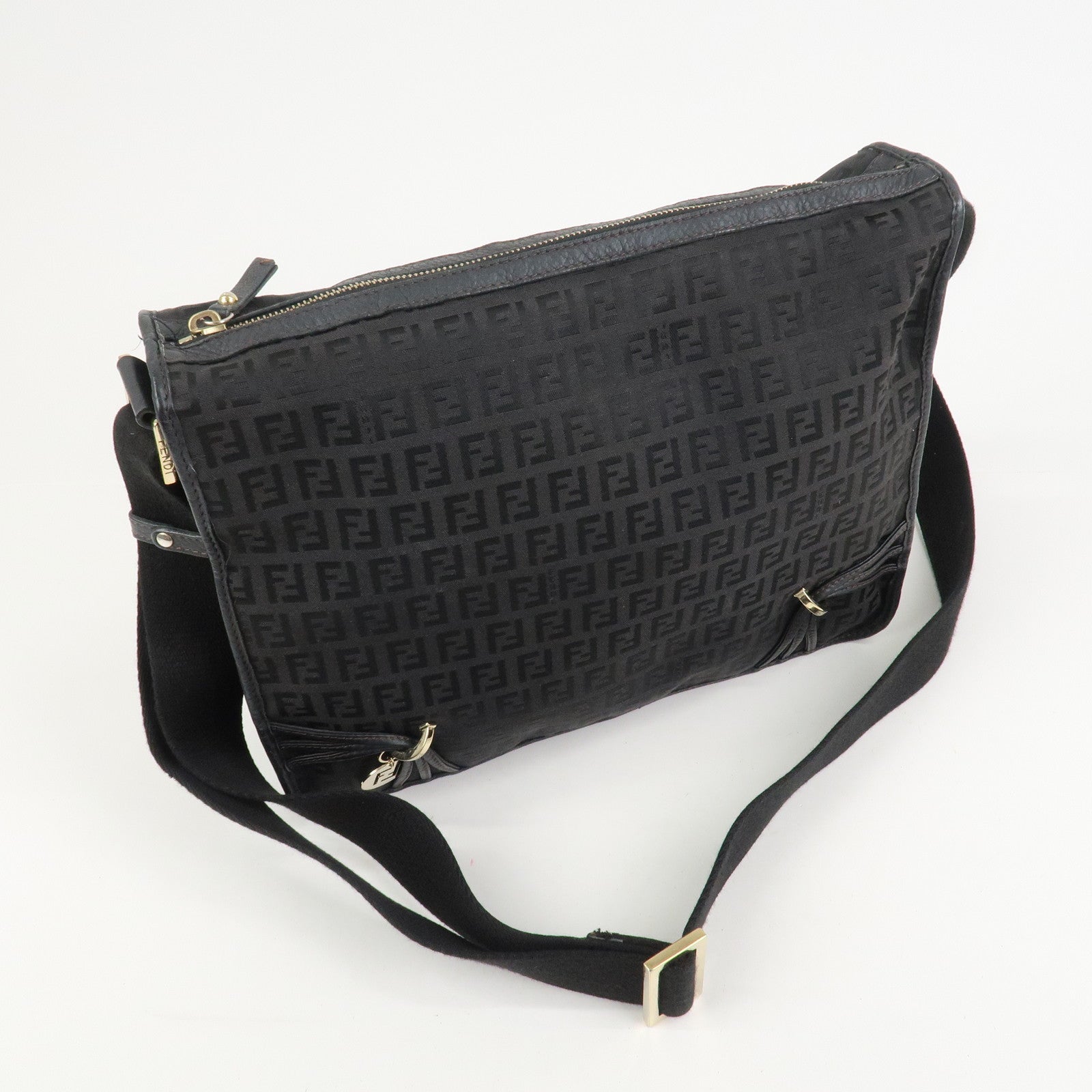 FENDI Zucchino Canvas Leather Shoulder Crossbody Bag Black 8BT090