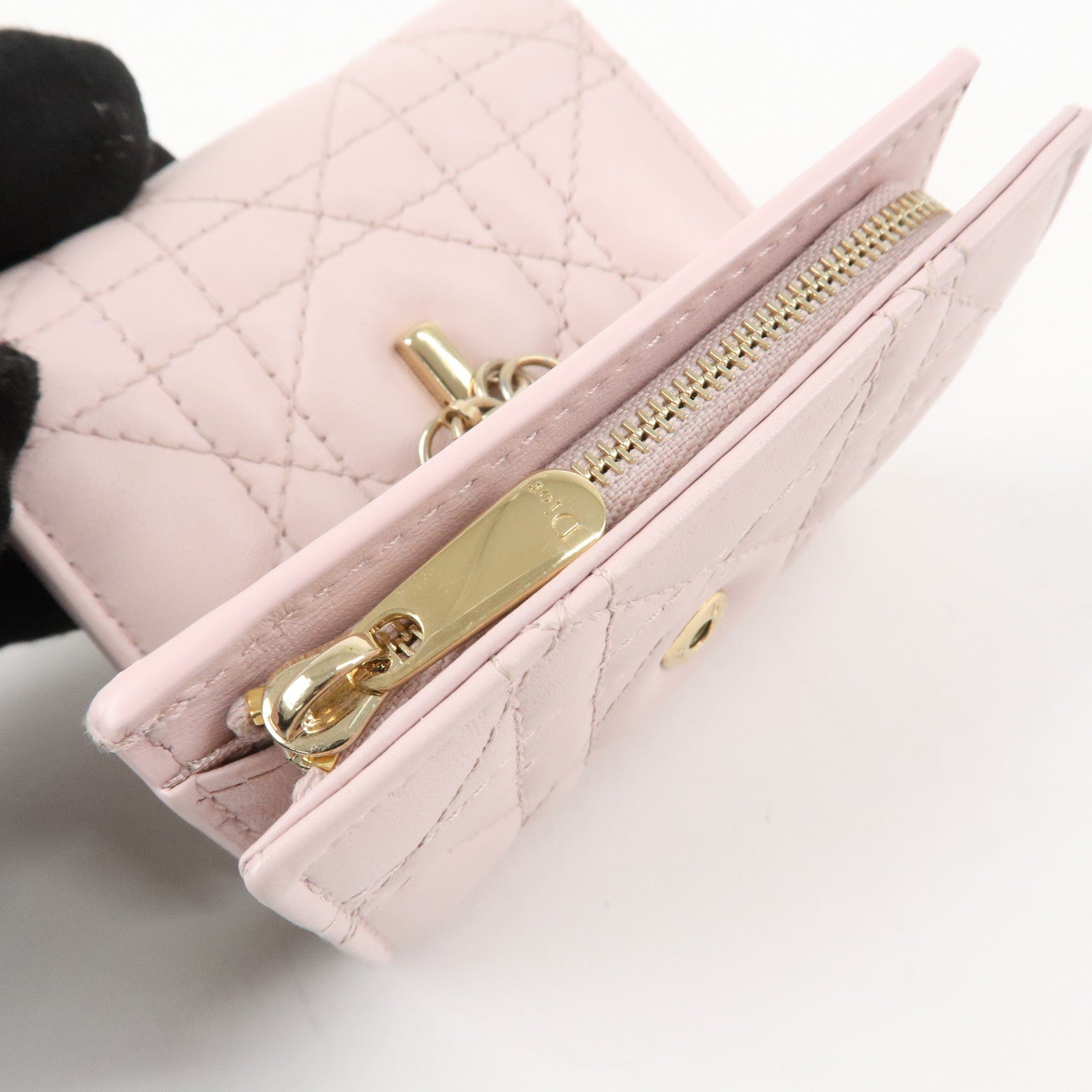 Christian Dior Cannage Leather Compact Wallet Pink Used