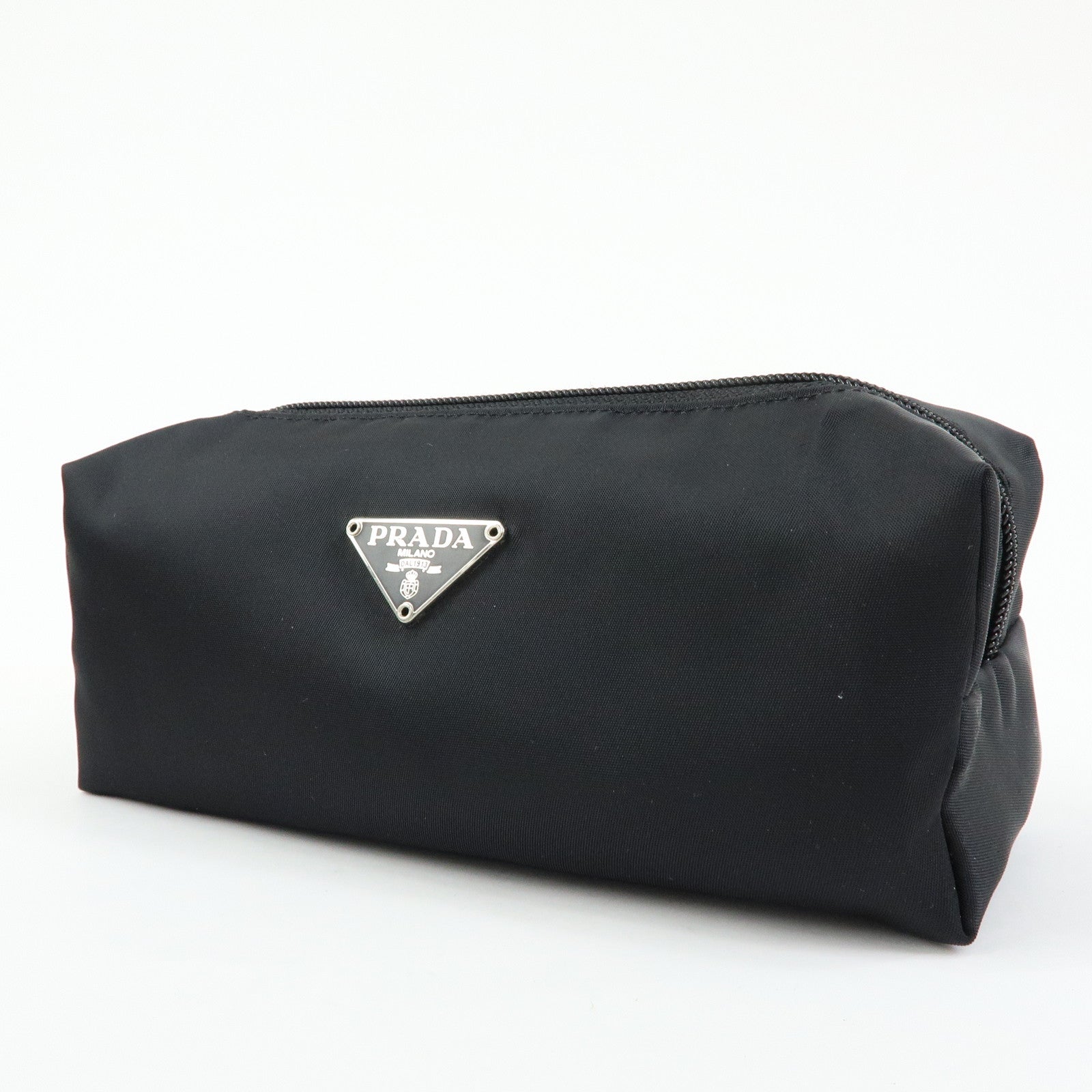 PRADA Triangle Logo Nylon Cosmetic Pouch Makeup Bag Black