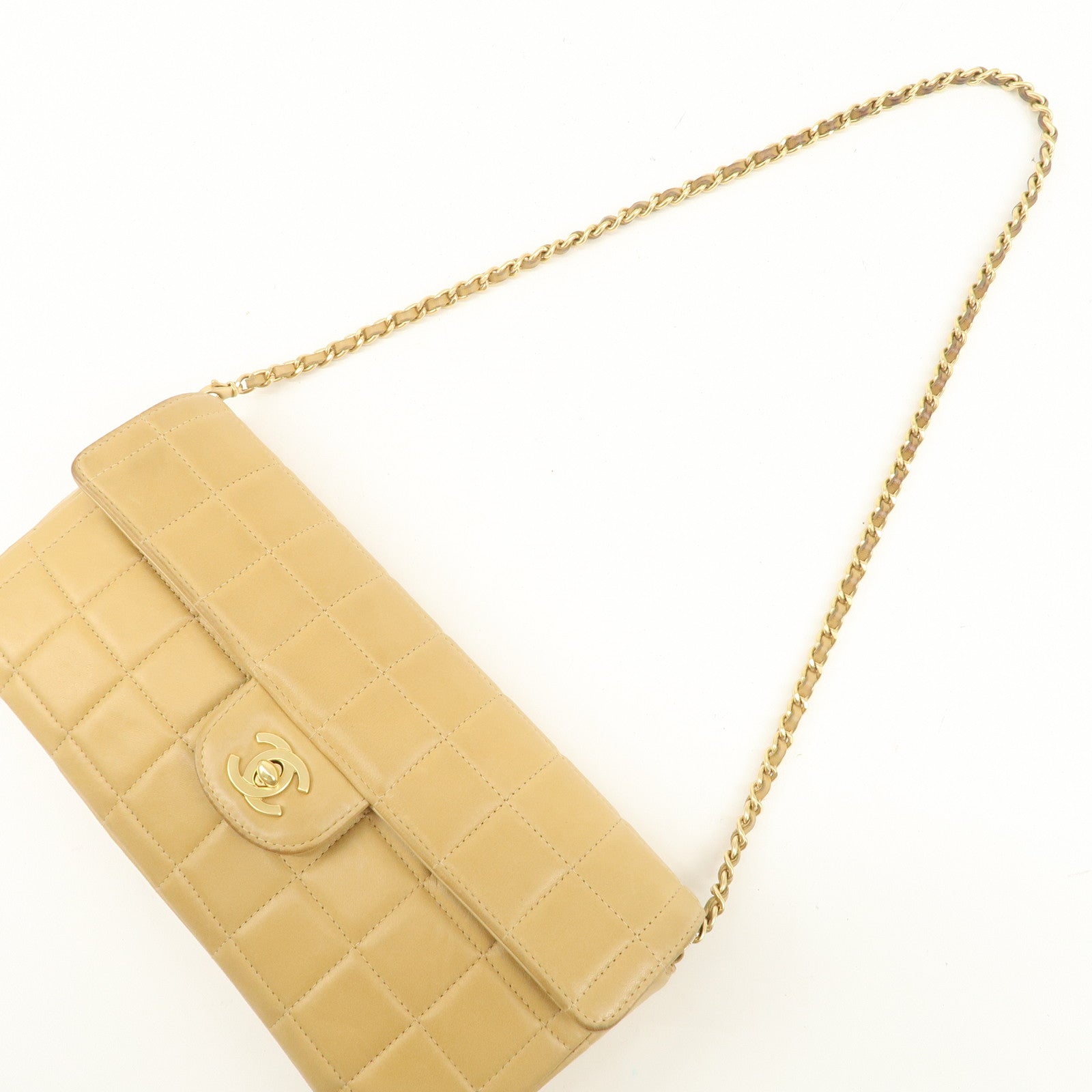 CHANEL Chocolate Bar Lamb Skin Chain Shoulder Bag Beige Gold Used