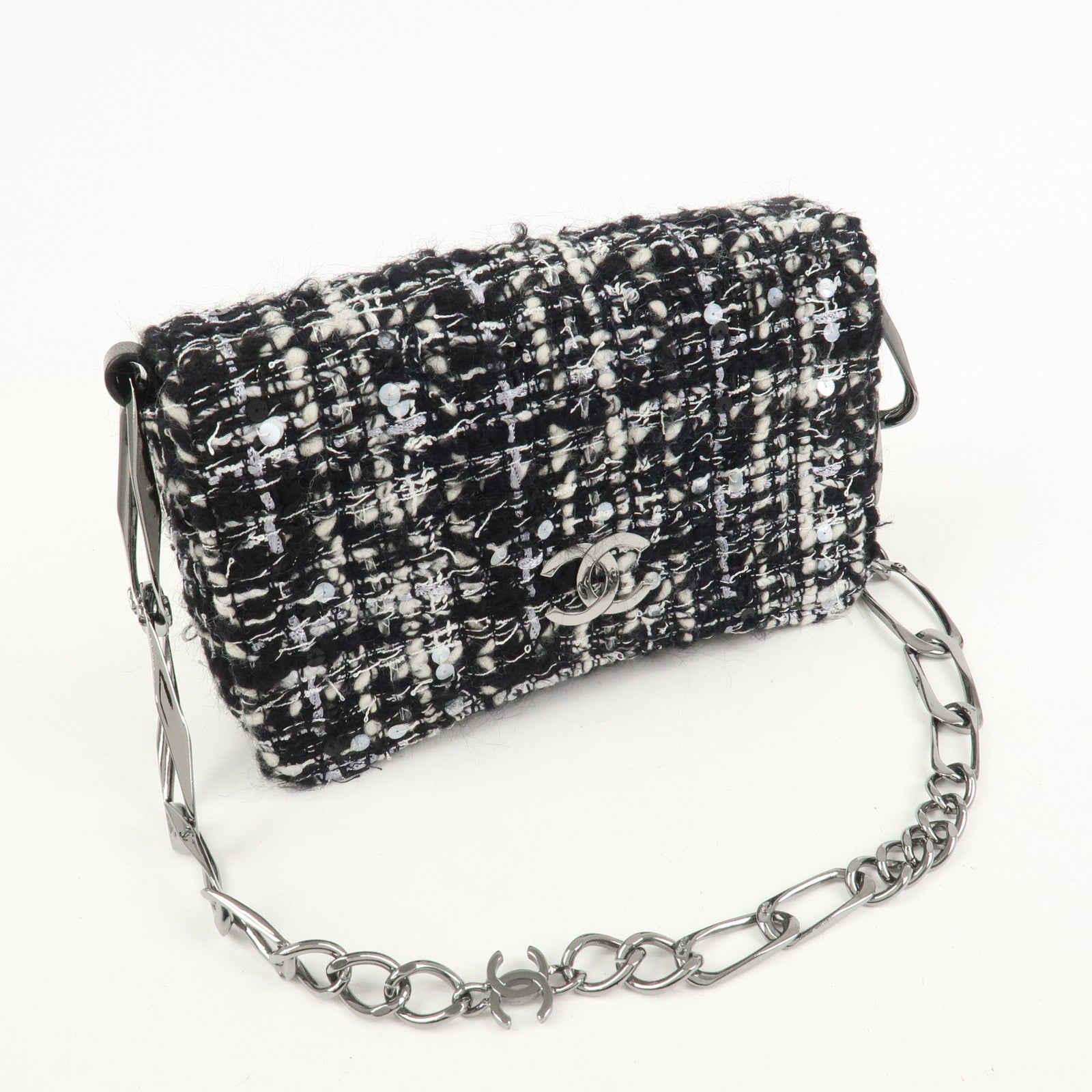 CHANEL Tweed Chain Shoulder Bag Hand Bag Black White 8645695