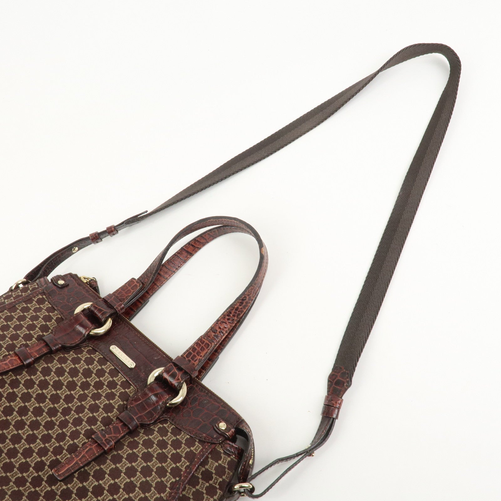 CELINE Macadam Canvas Emboss Leather 2 Way Bag Hand Bag Brown