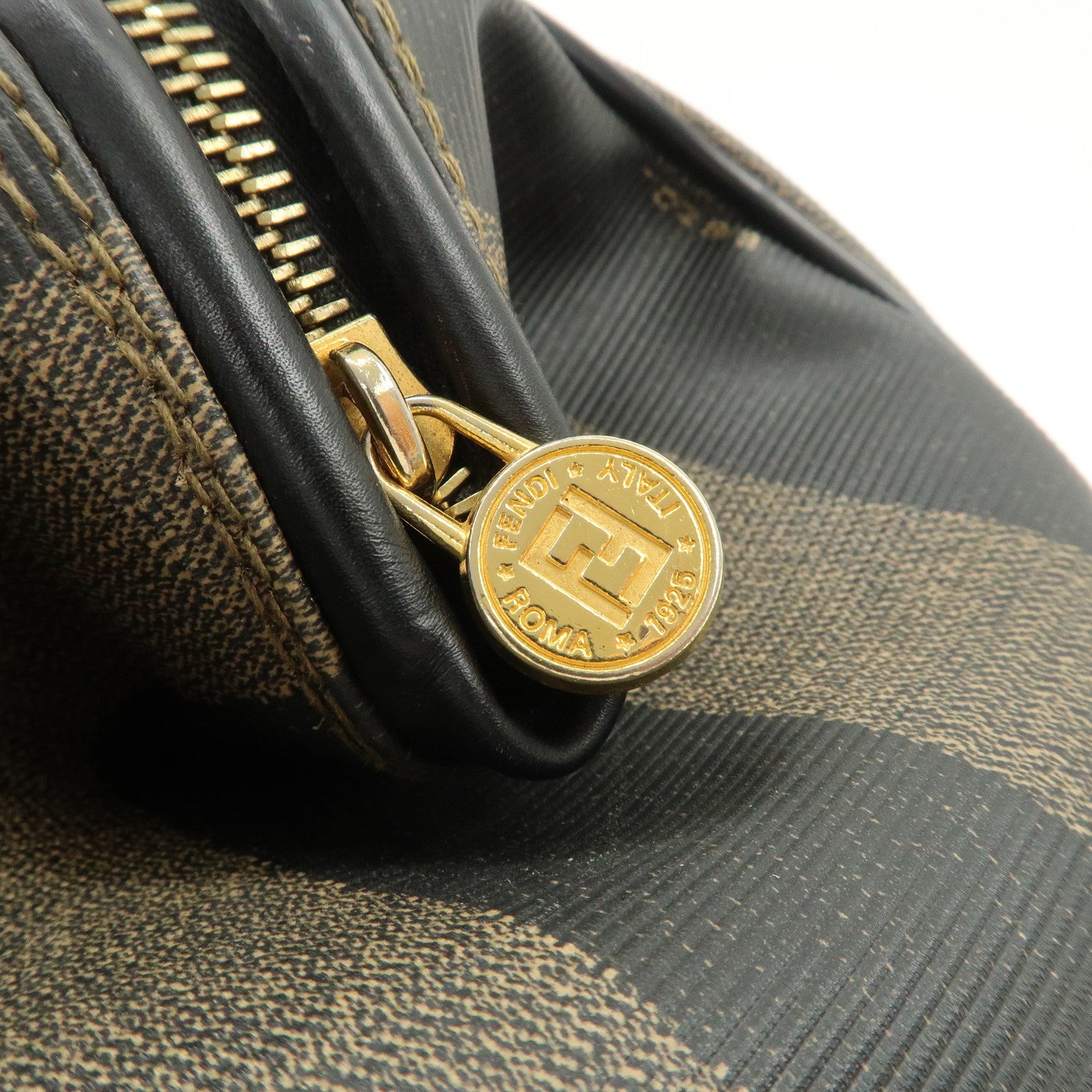 FENDI Pequin PVC Canvas Hand Bag Boston Bag Black Brown Used