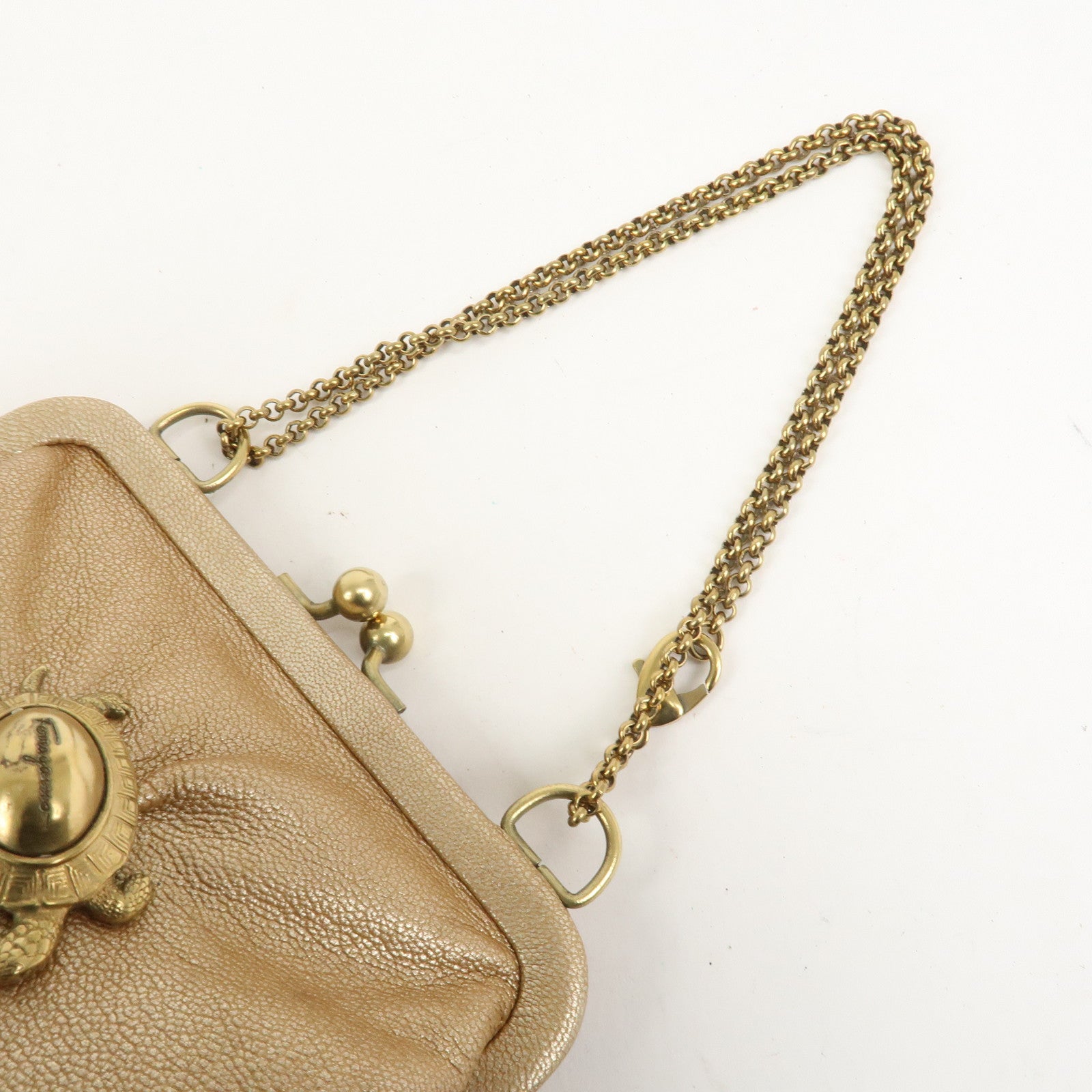 Ferragamo Leather Turtle Motif Chain Hand Bag Metallic Pink Beige